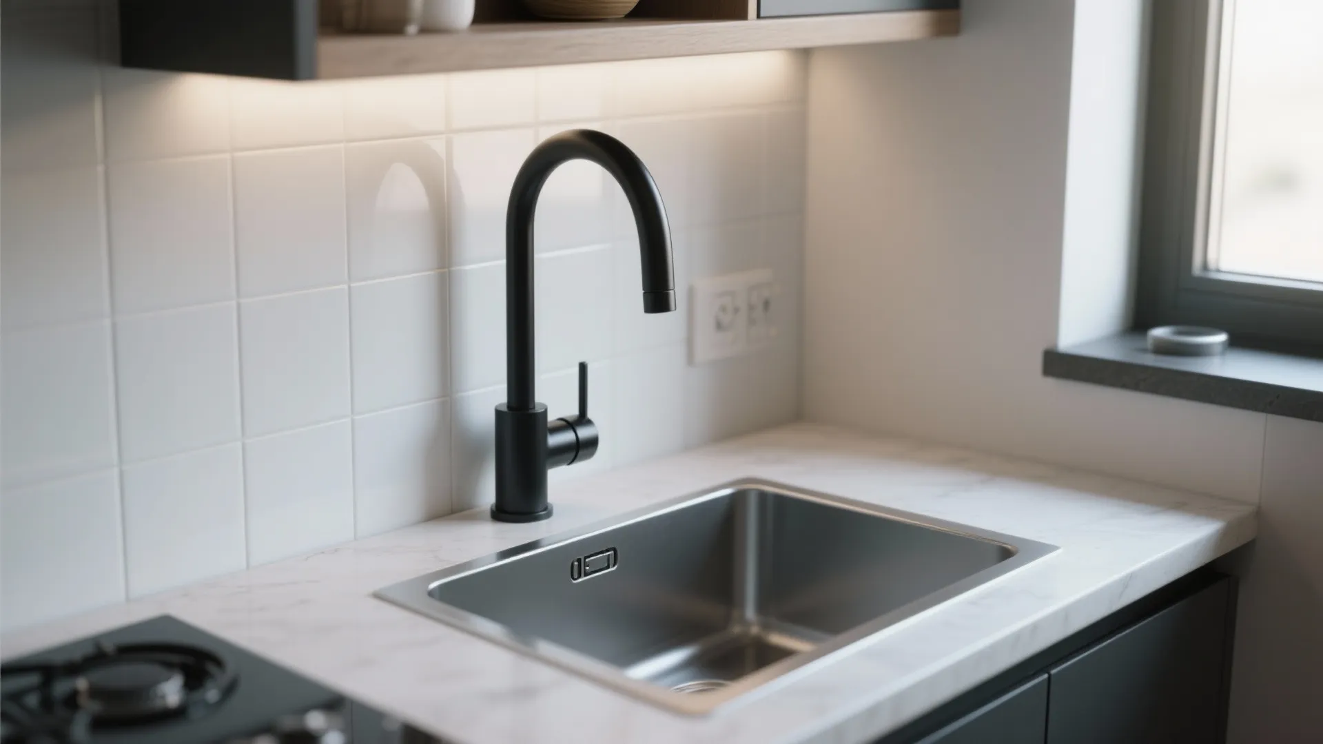 Modern kitchen with black faucet silver sink white wall tiles and marble counter with stove