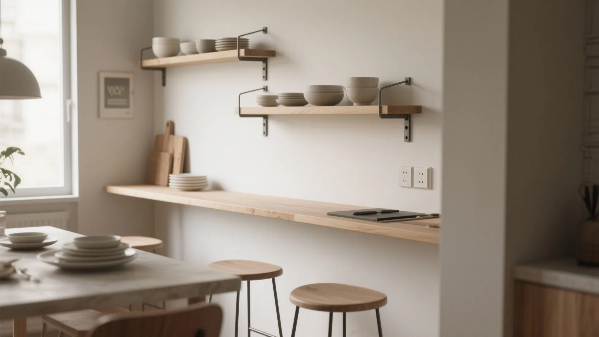 Slim wall-mounted counter with floating shelves and stools in a compact dining space