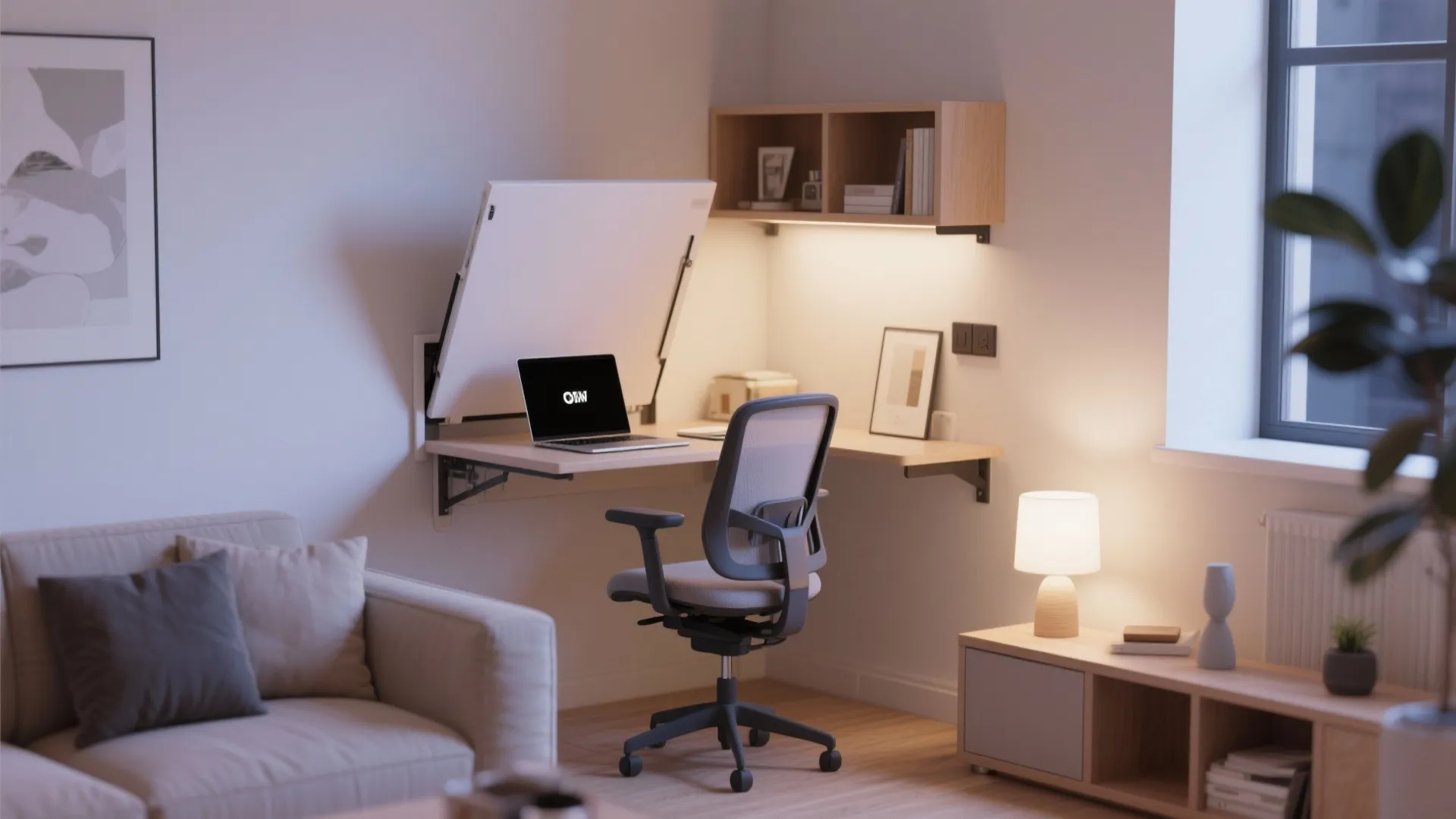 Fold-down wall-mounted desk in a living room corner