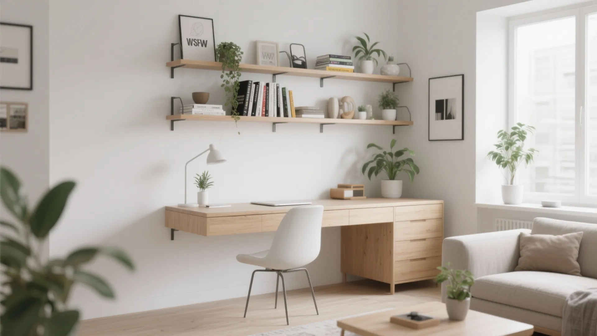 Modern home office area with wooden wall desk white chair wall shelves books and green plants