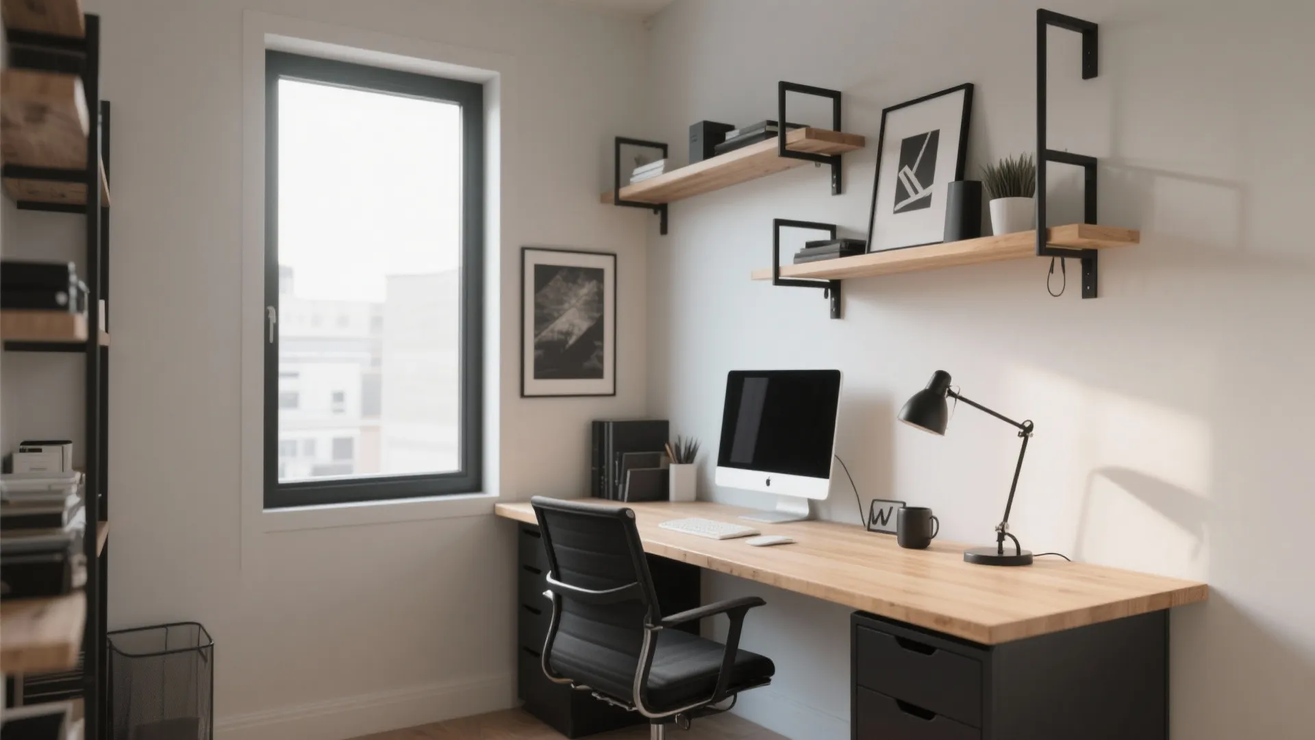 Compact masculine office with wall-mounted desk