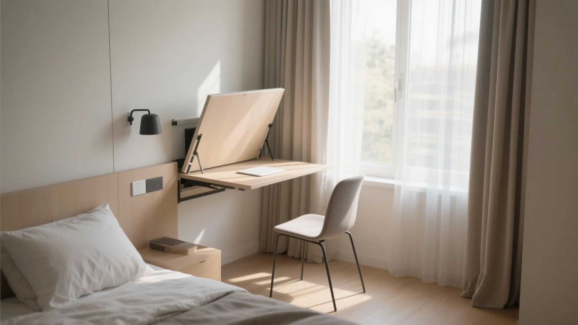 Space saving wall mounted folding desk in a bright bedroom with a chair and window