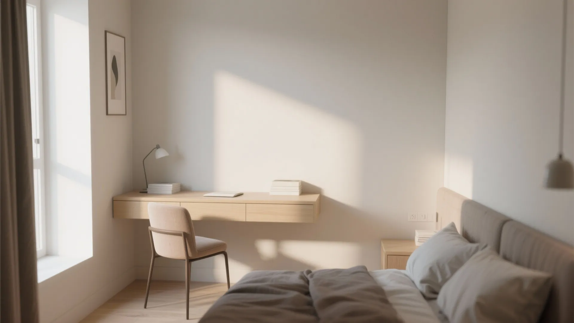 Minimalist bedroom featuring a wall mounted wooden desk with a beige chair and natural light
