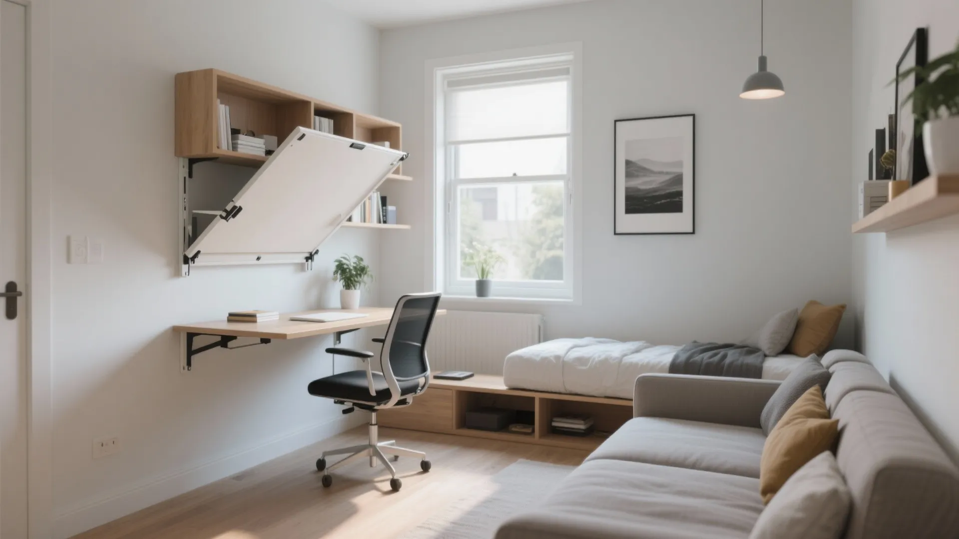 Wall-mounted desk with sleeper sofa in a small office