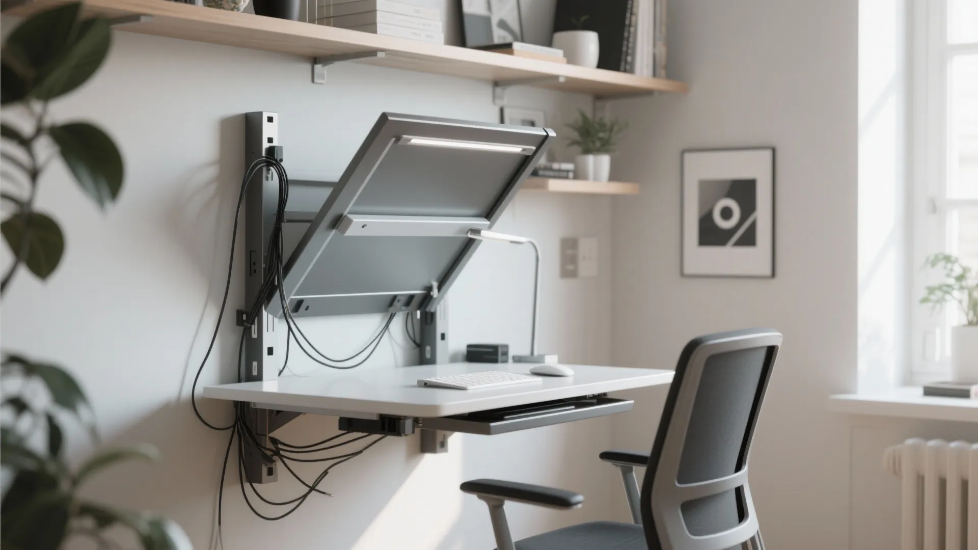 Modern wall mounted desk with tilting screen white keyboard grey office chair and wood shelves