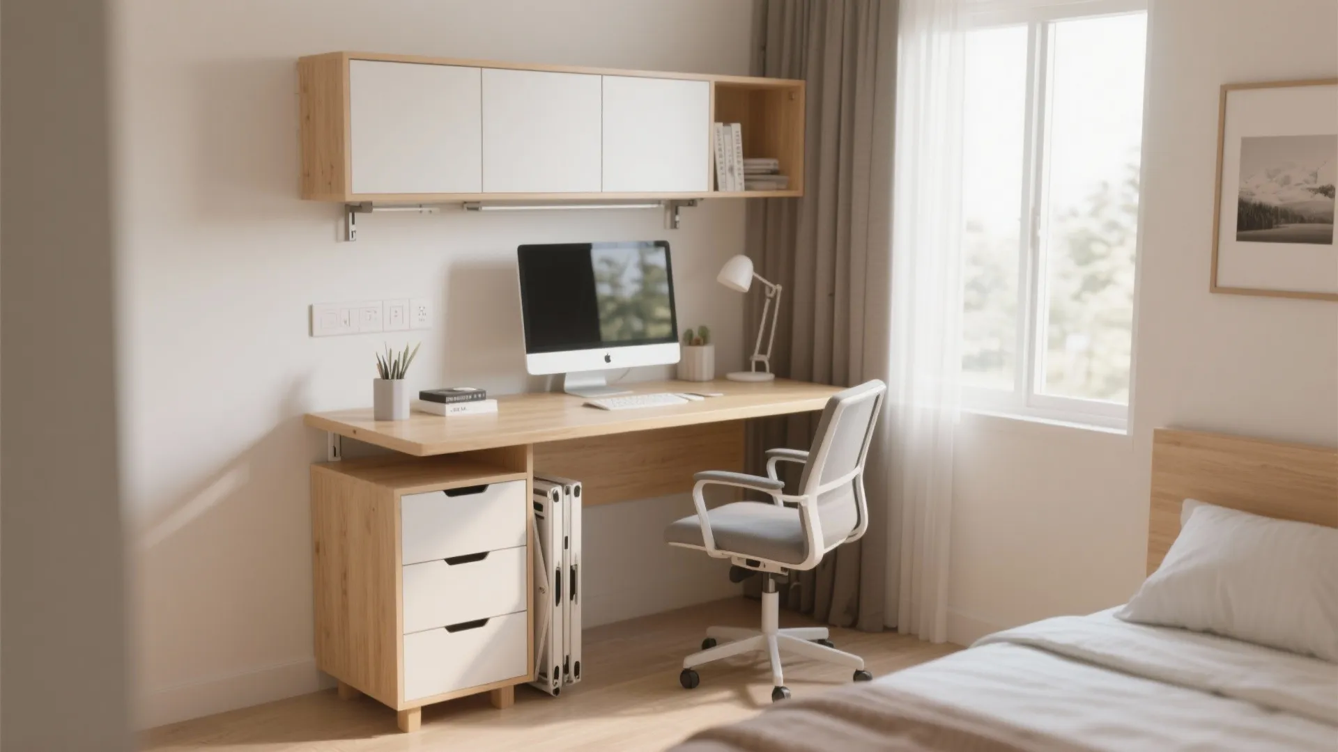 Home office setup with wooden desk computer white chair wall cabinet drawers and large bright window