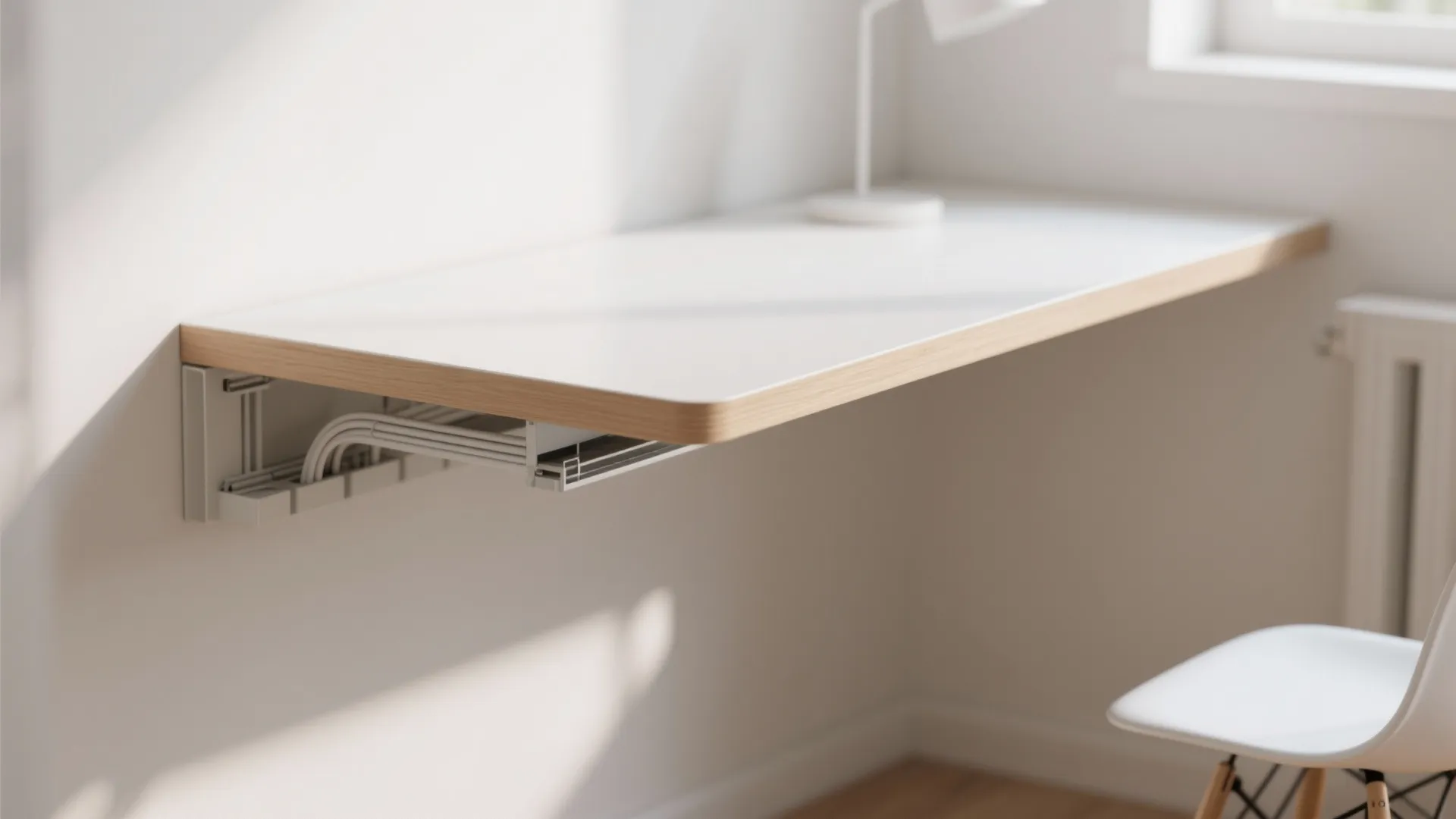 Minimalist wall mounted white desk with wood trim and organized cables near a white chair