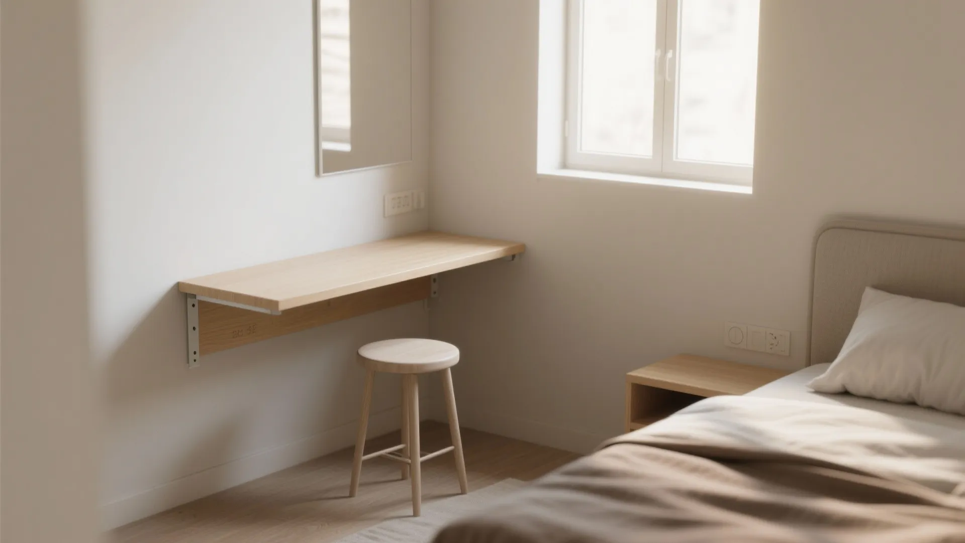 Small bedroom featuring wall-mounted wooden desk, wooden stool, bedside table, bed, and bright window light