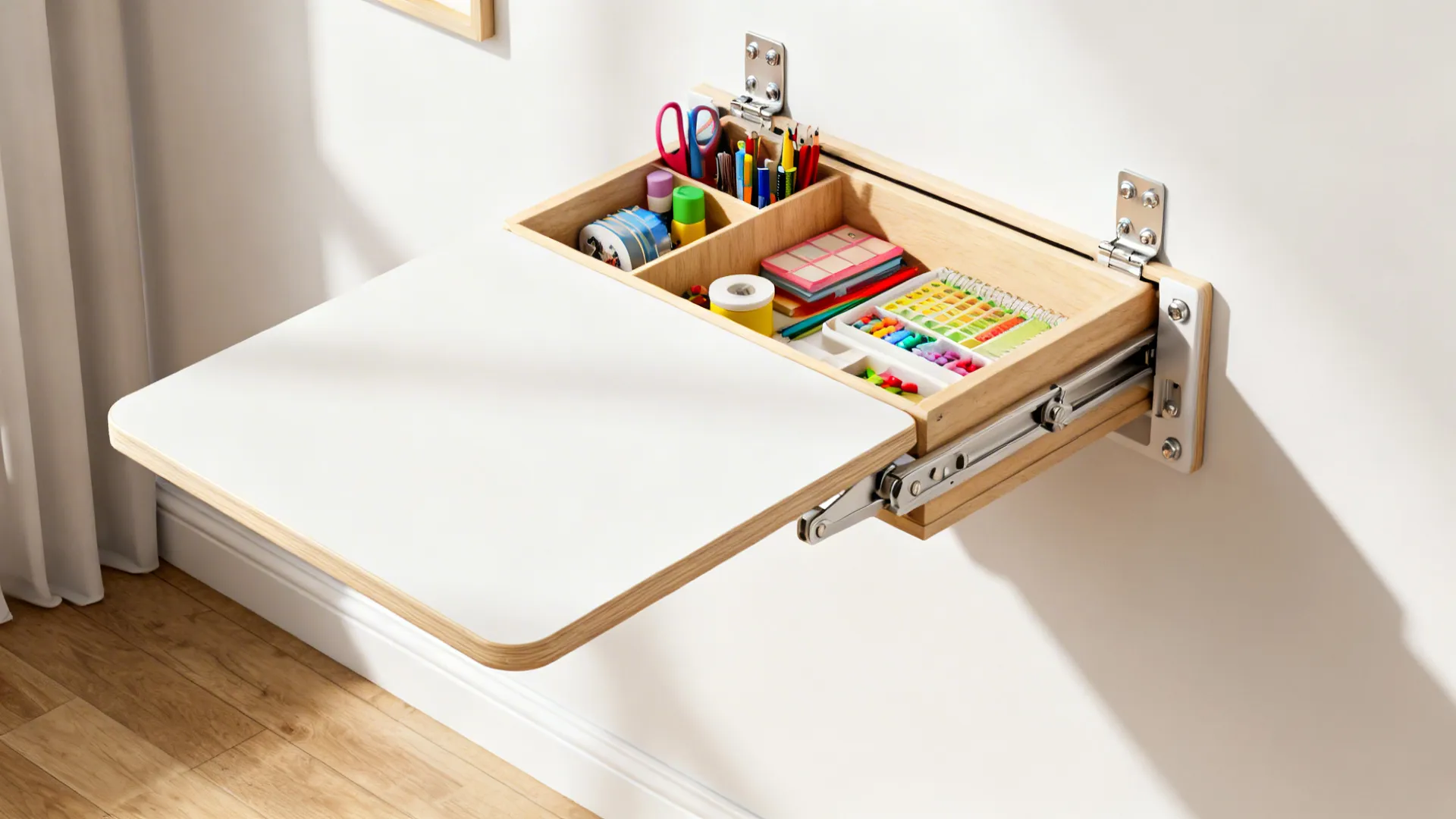 Wall-mounted fold-away desk shown folded up and down with craft supplies, highlighting mounting and hardware.