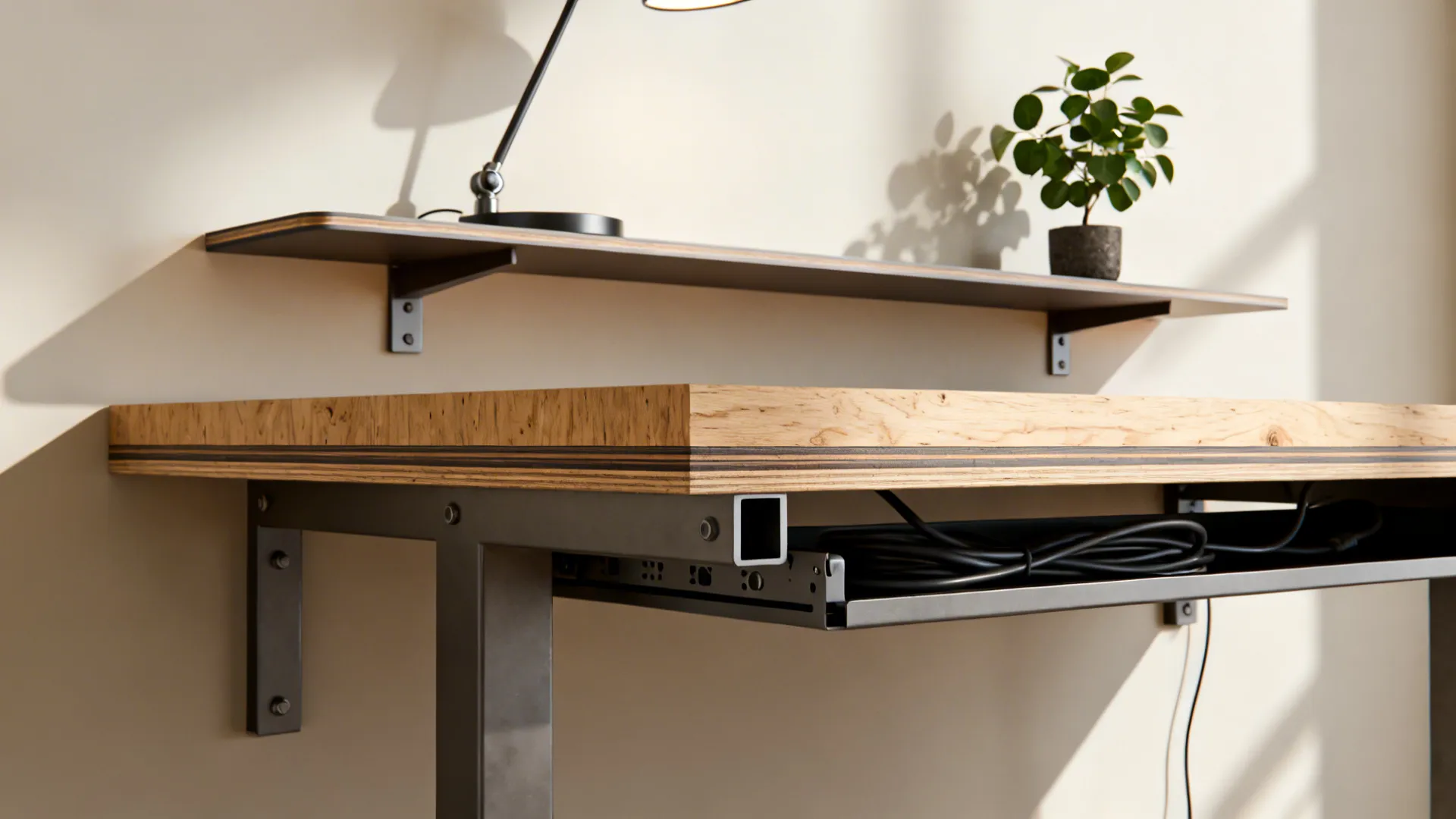 Close-up of a plywood wall-mounted desk with hidden brackets, floating shelf, and tidy cable tray.