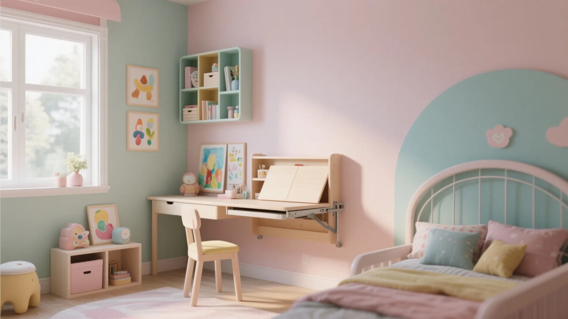 Foldable wall-mounted desk with art corner in a kids room