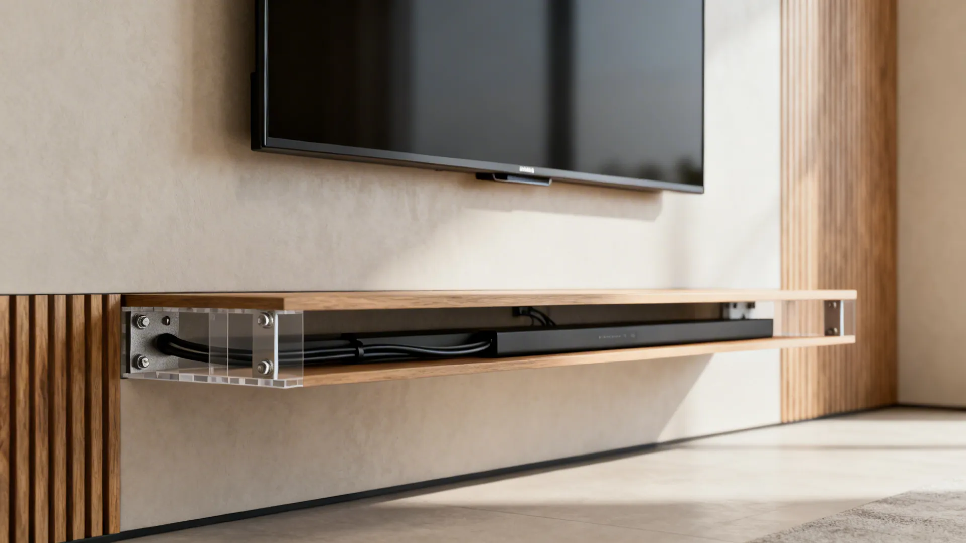 Close-up of a wall-mounted 65-inch TV with a slim floating console and concealed cables.