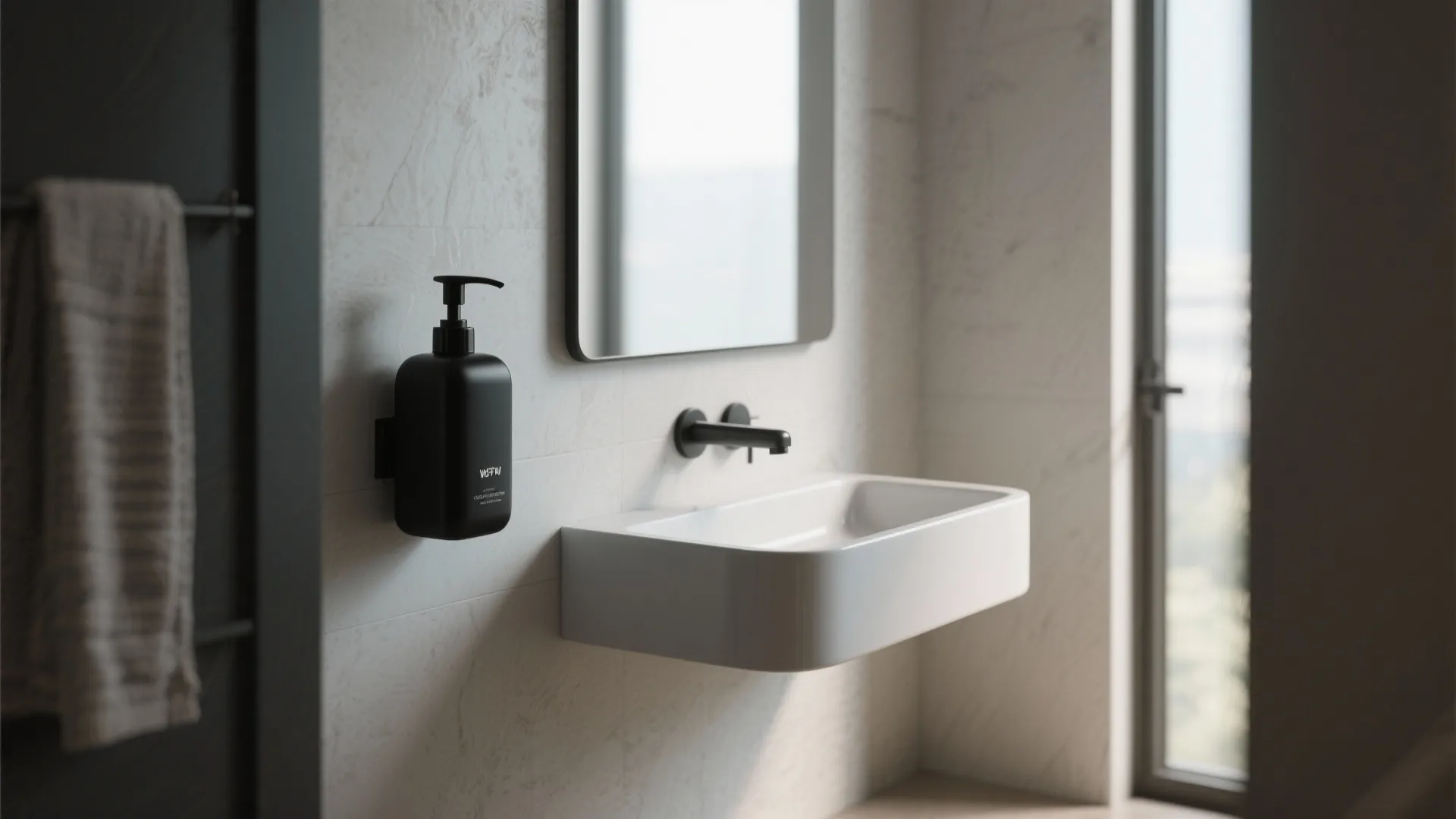 Wall-mounted matte black soap dispenser above a slim basin in a narrow powder room