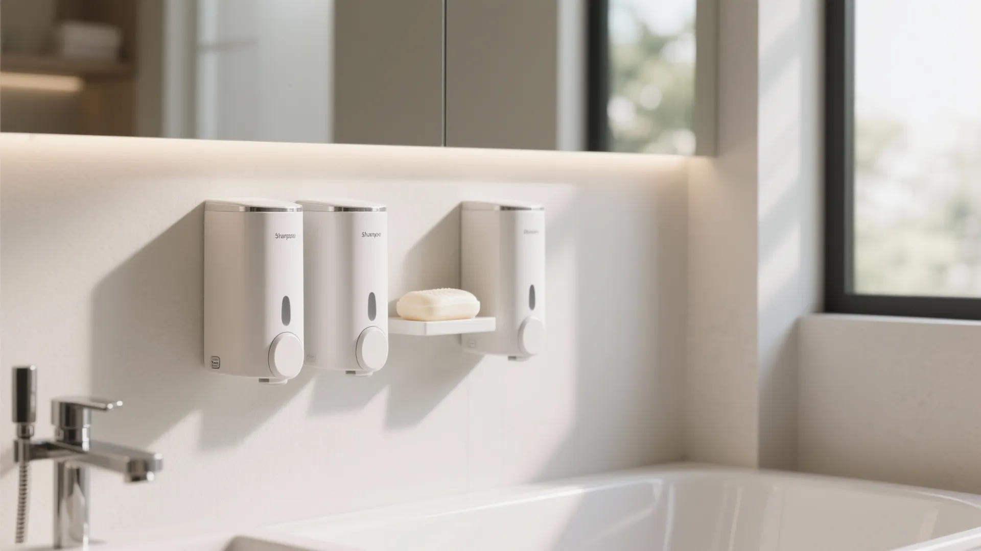 Three white wall mounted soap dispensers fixed to a white bathroom wall near a large mirror