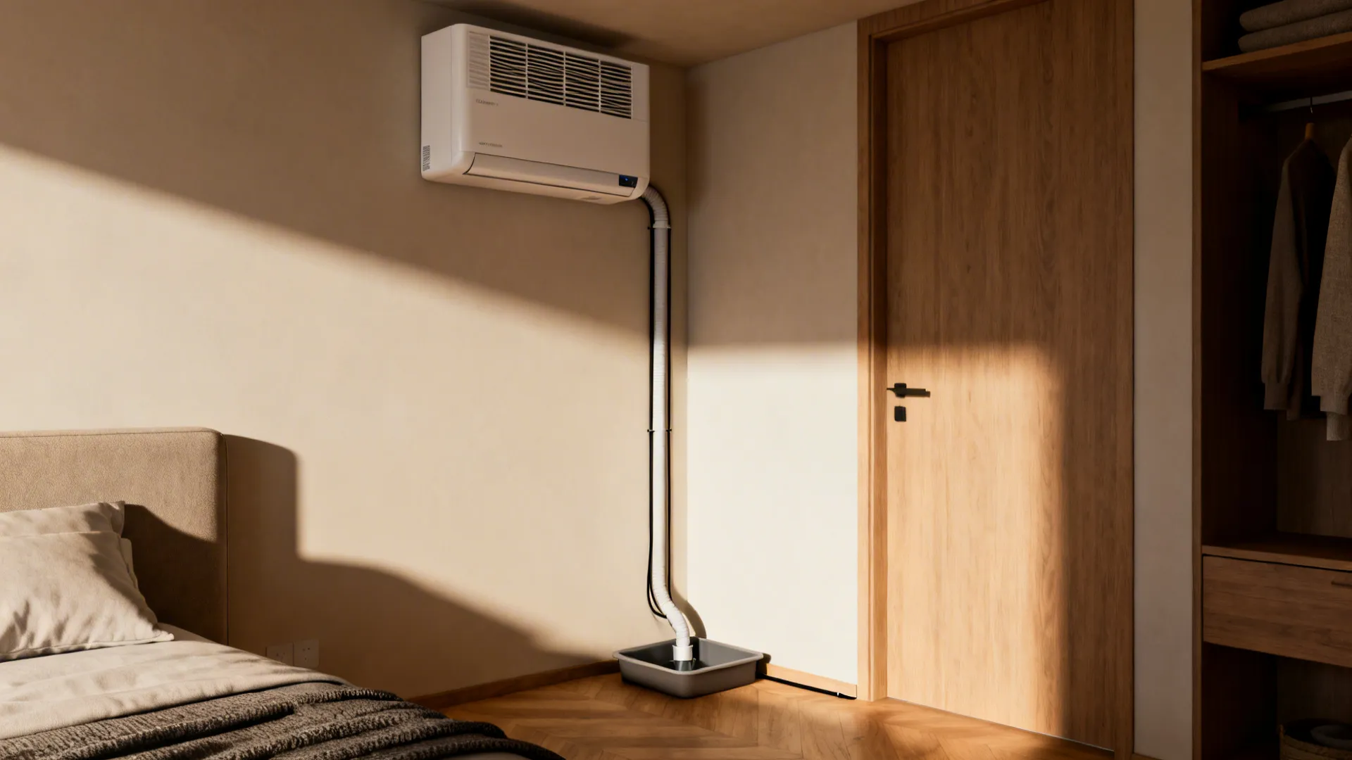 Wall-mounted dehumidifier in a bedroom corner with drain hose in a cable channel to a condensate pan