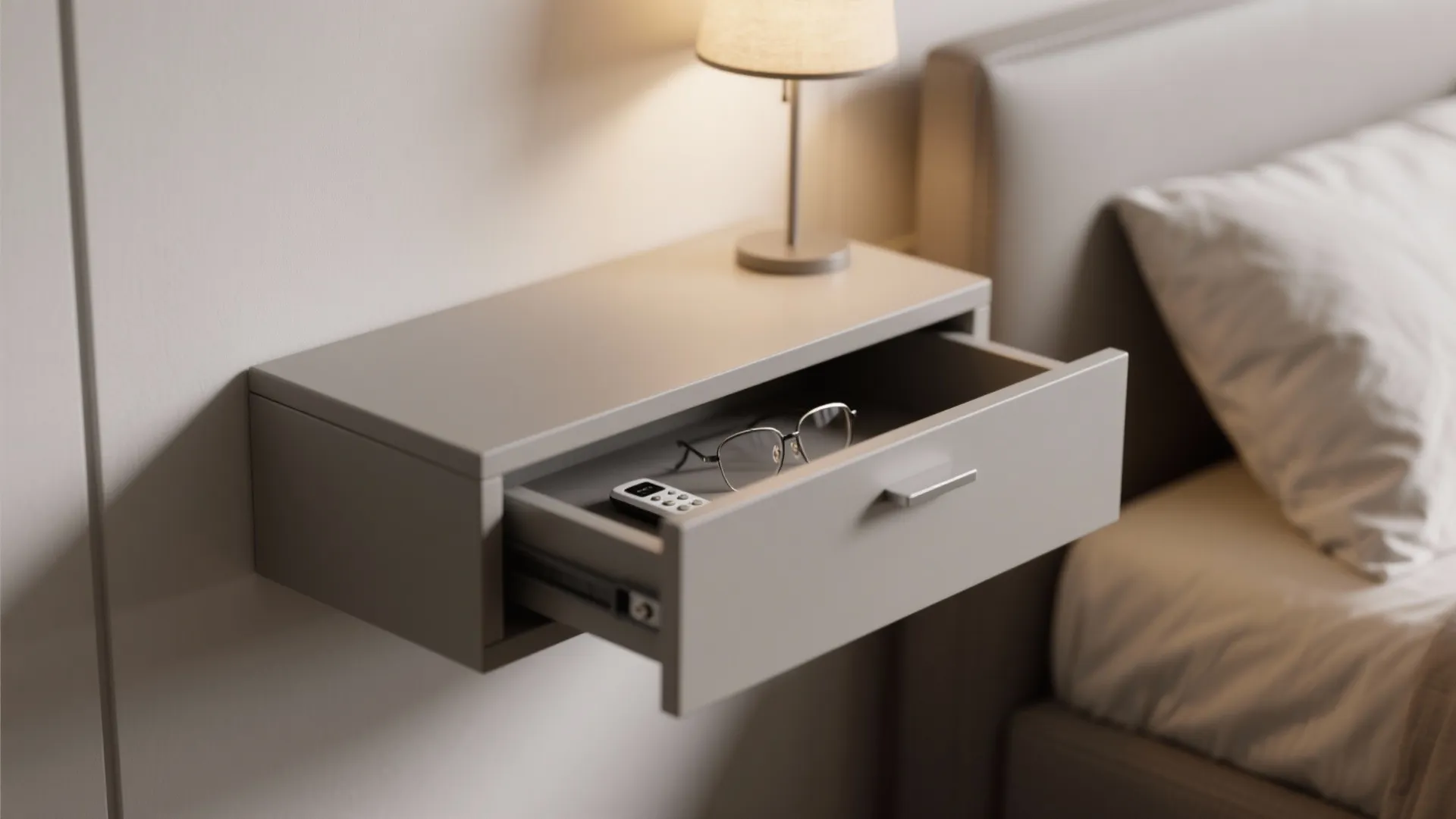 Modern grey wall mounted bedside drawer open with glasses remote lamp and bed in bedroom