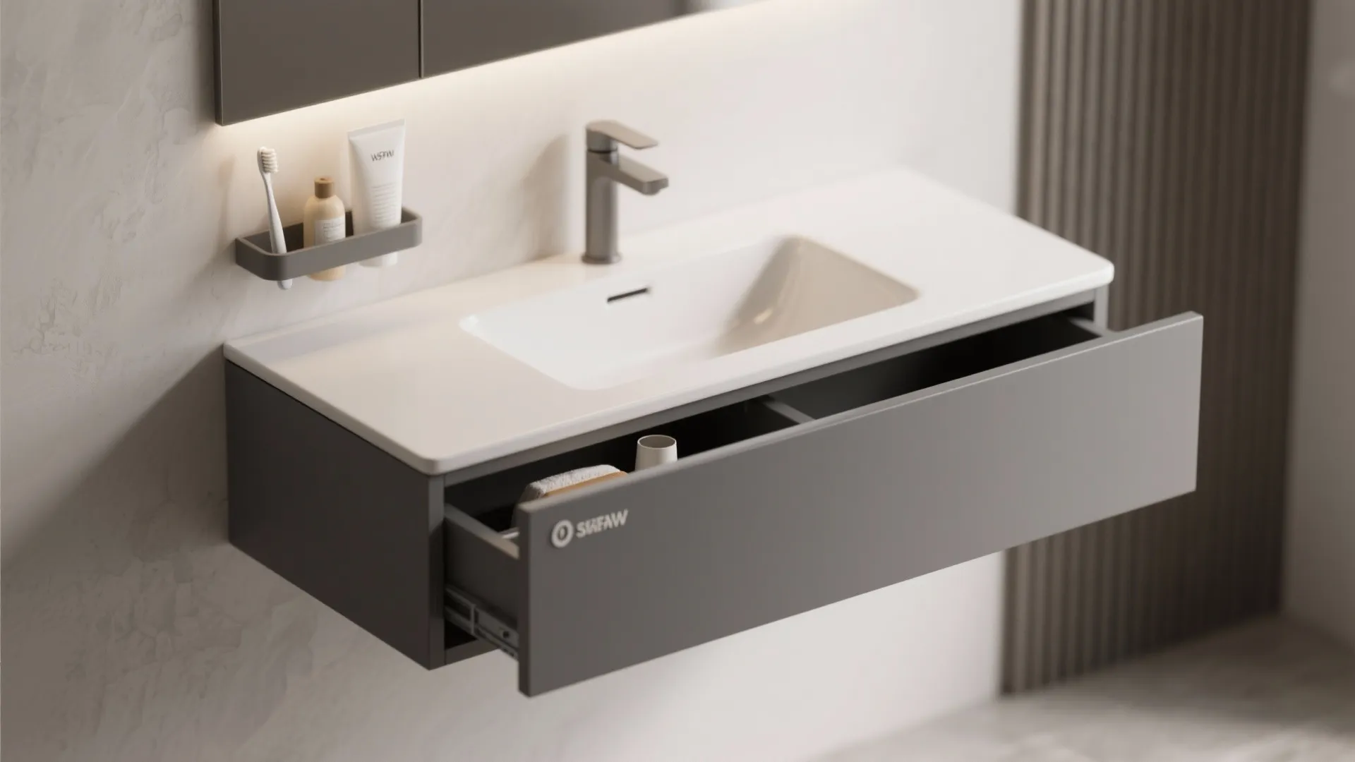Wall-mounted console sink with a slim drawer and concealed mounting for tidy storage.