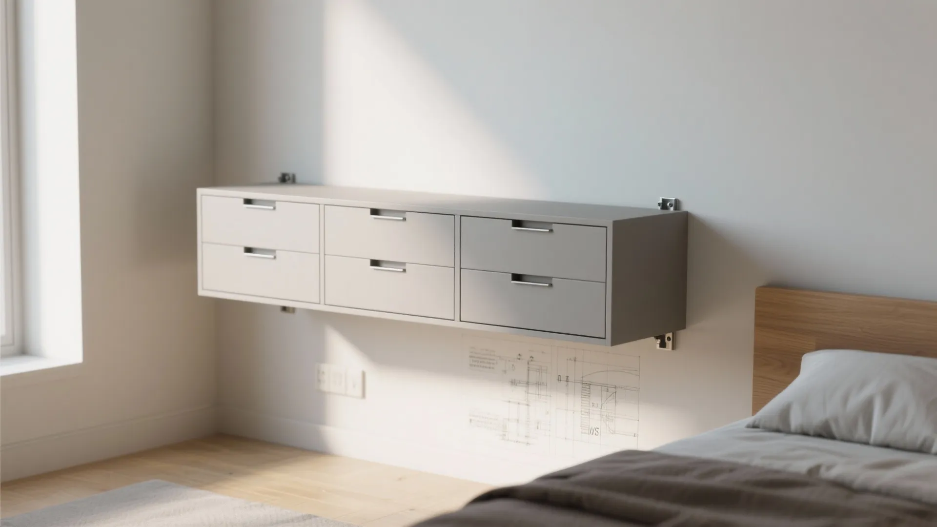 Light grey wall mounted cabinet with six drawers floating above a light wood bedroom floor