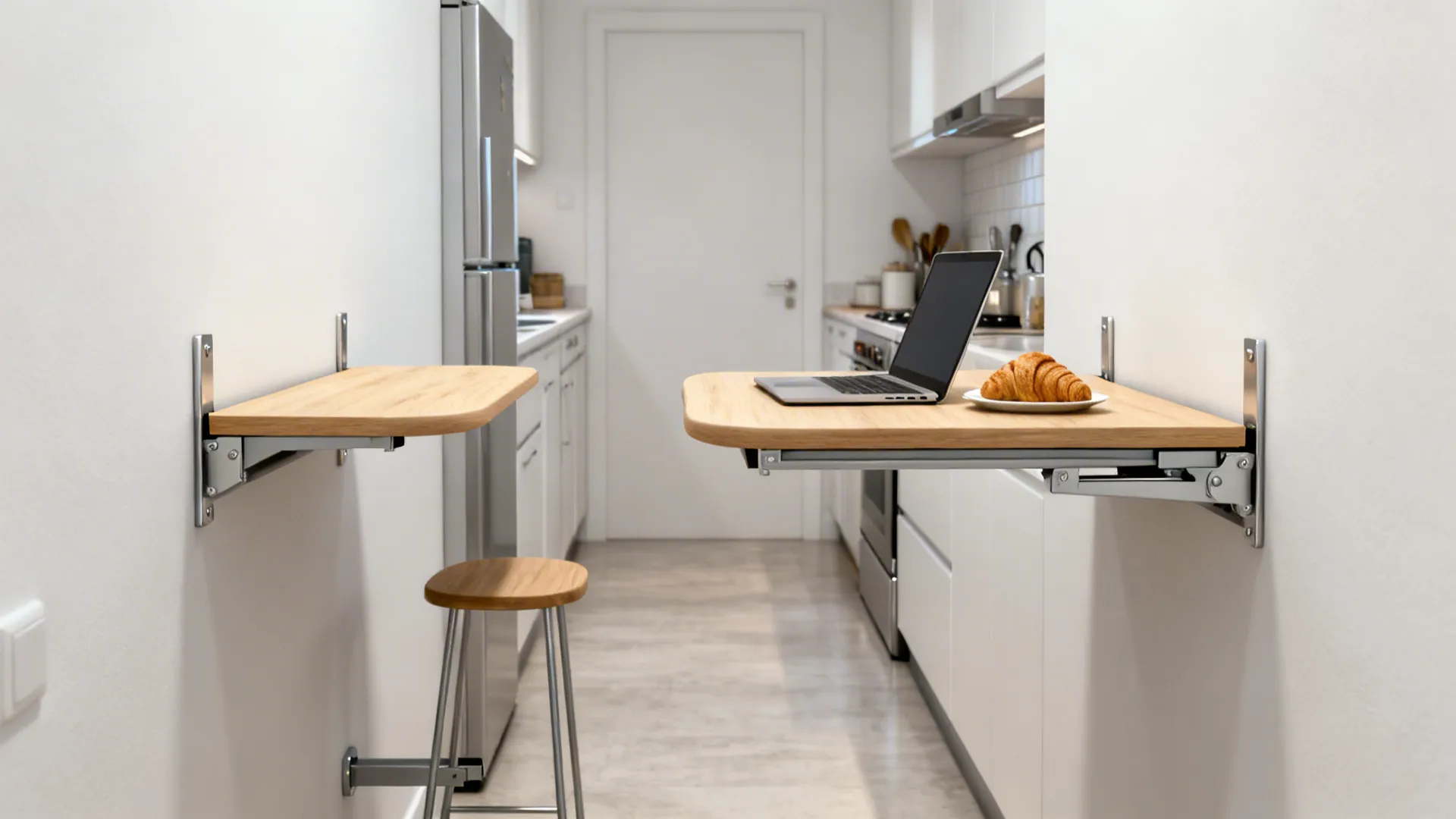 Birch wall-mounted flip-down table in a narrow galley kitchen with a slim stool.