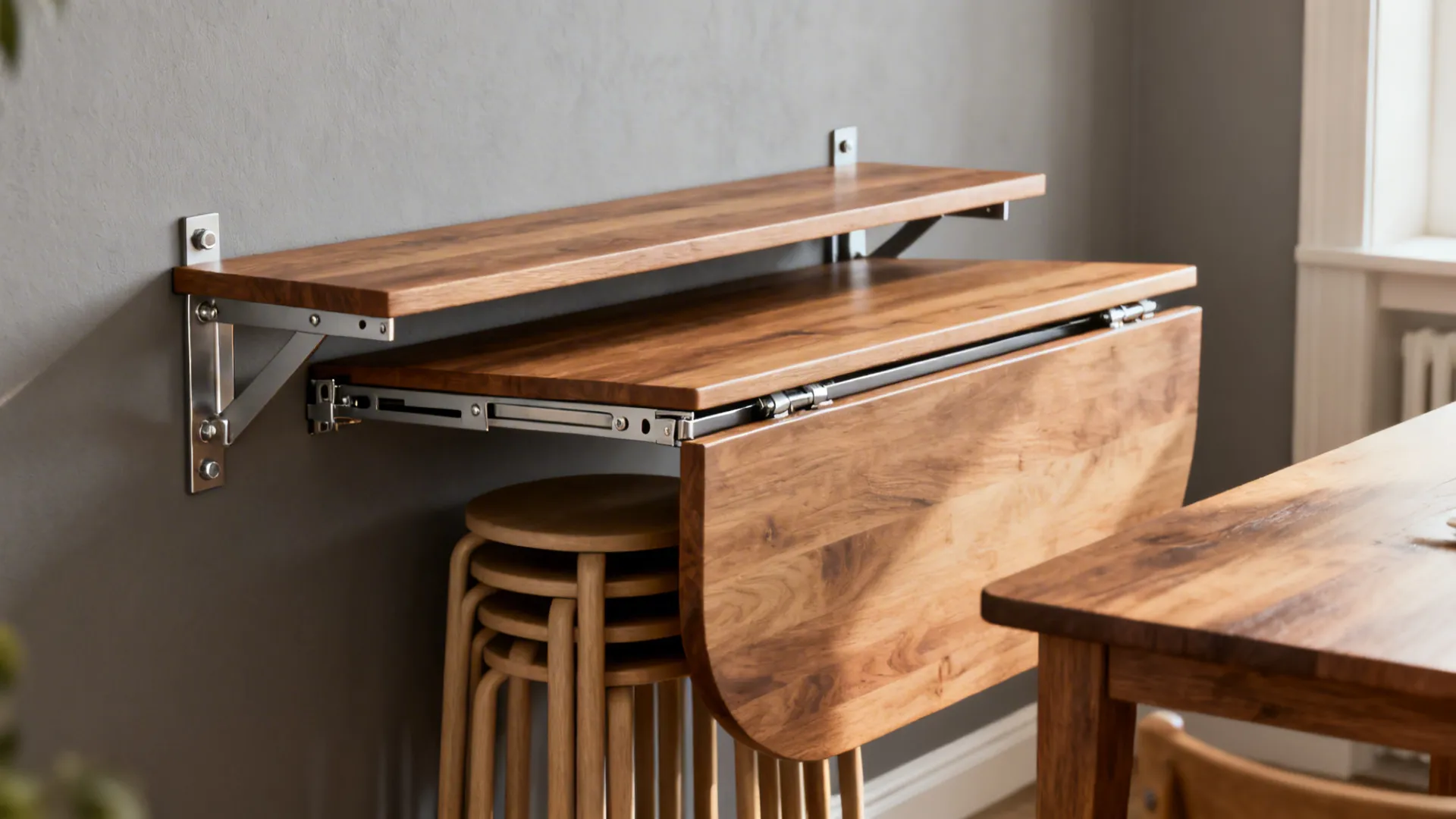 Wall-mounted drop leaf table shown both folded as a shelf and extended as a dining surface with hidden bracket details.