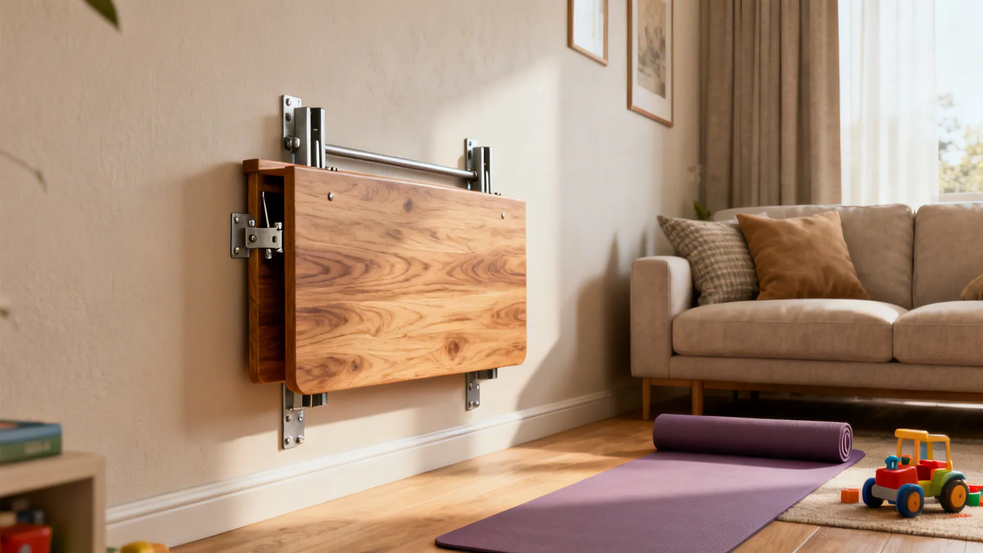 Wall-mounted drop-leaf table folded flat in a compact living room, showing hidden bracket reinforcement.