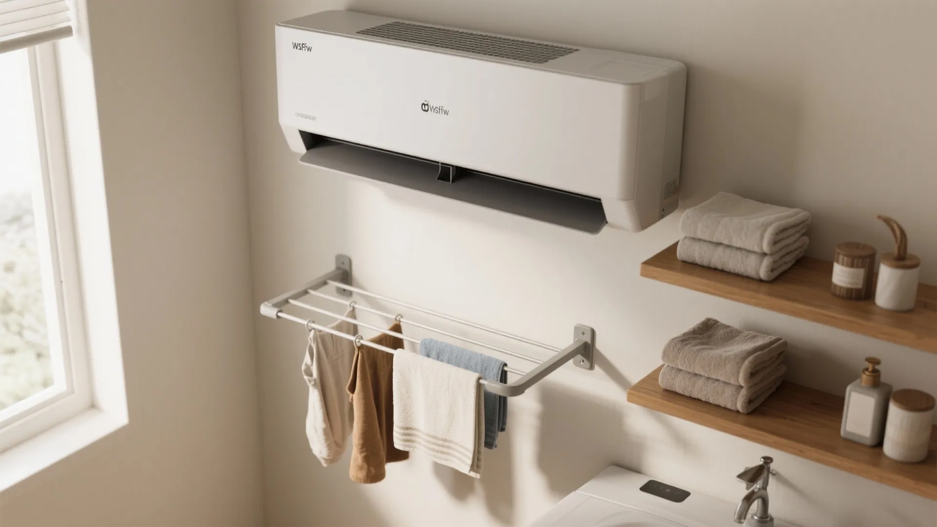 Wall mounted air conditioner above a metal drying rack with towels and wooden shelves in bathroom