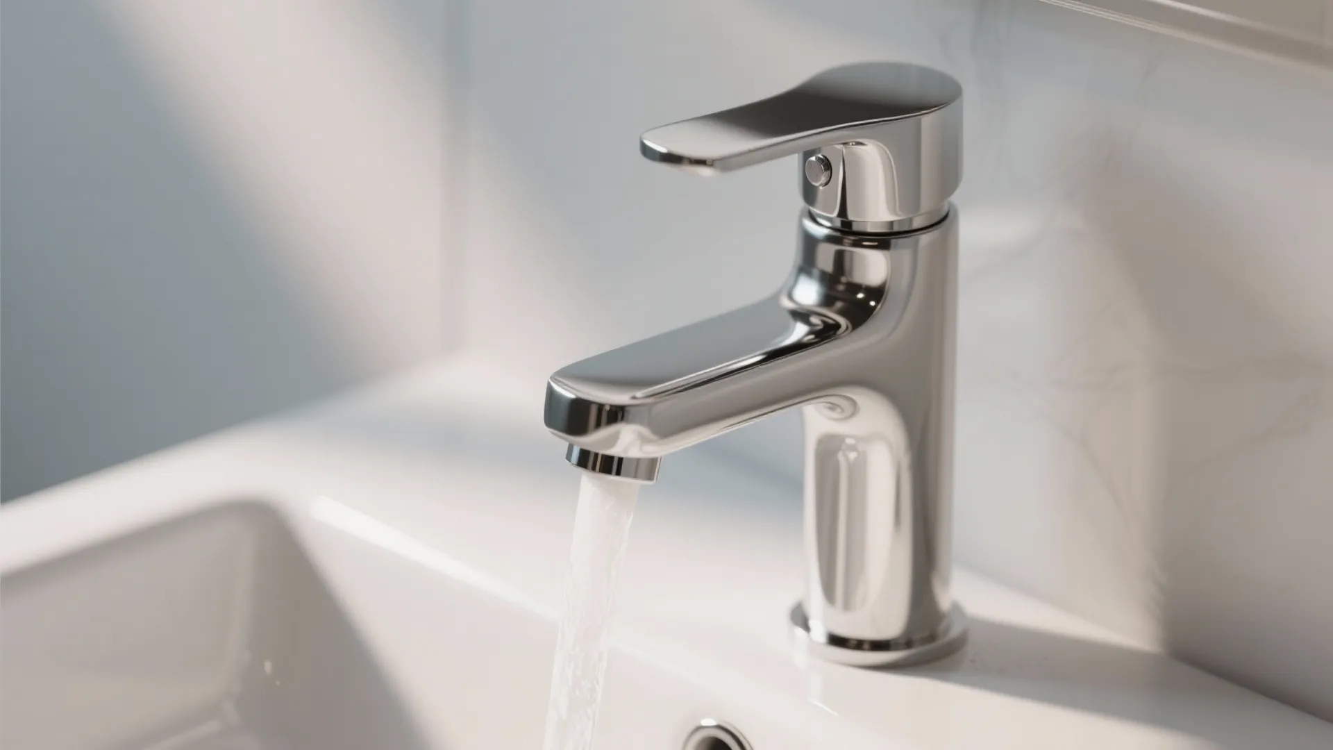 Close up of a silver chrome water tap with running water over white bathroom sink