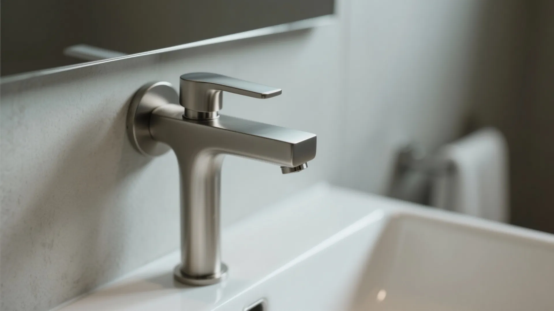 Close up of a brushed metal silver bathroom water tap mounted on a white wall