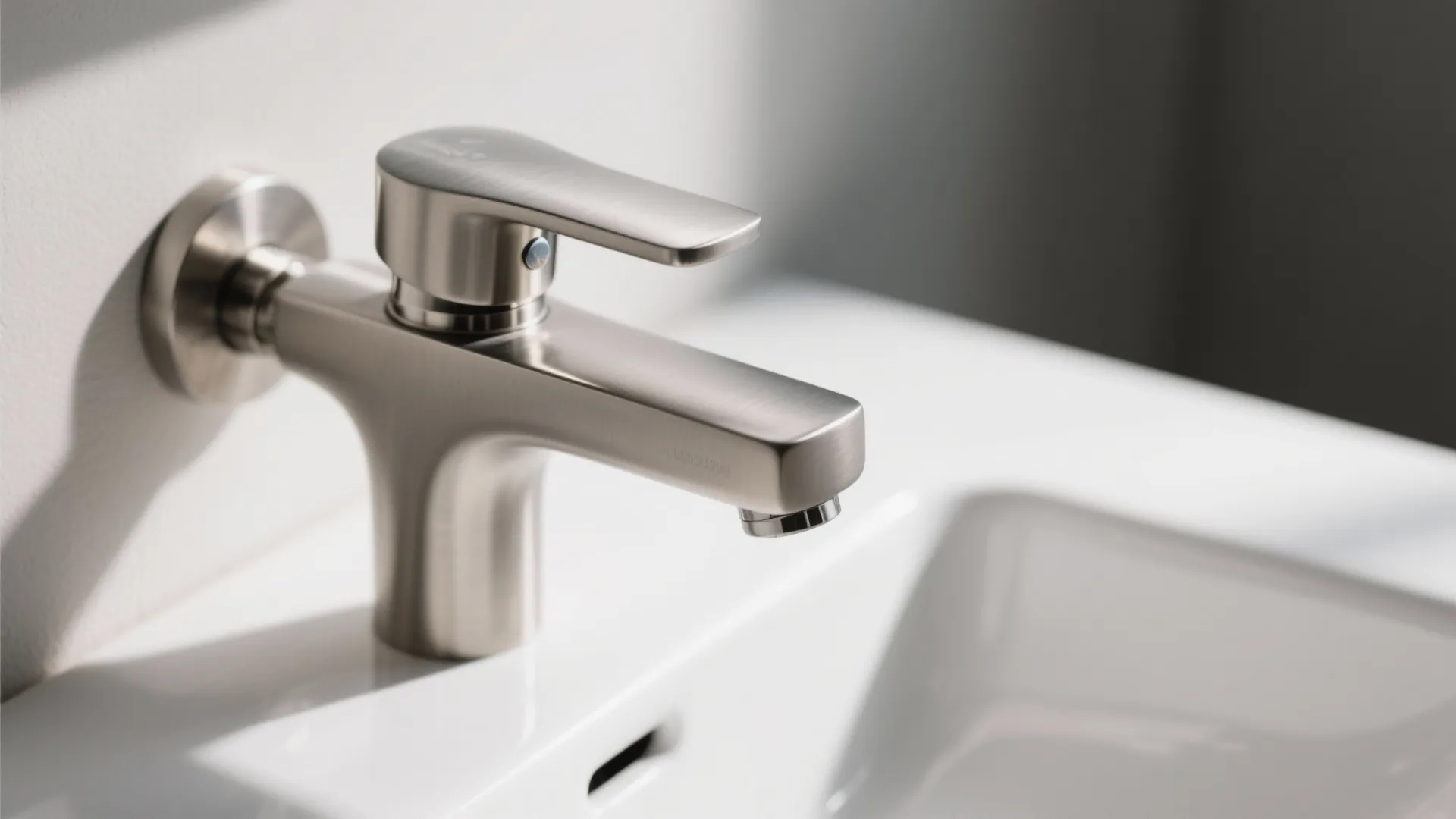 Modern silver wall mounted bathroom sink tap set against a white wall with natural light