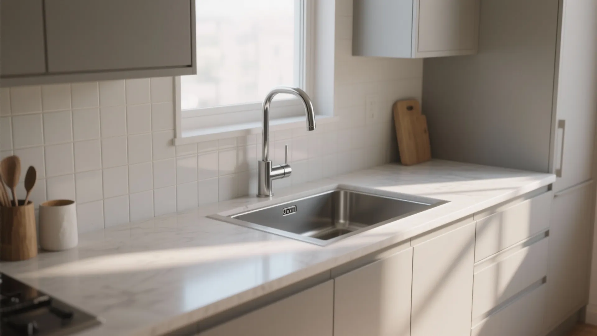 Minimalist wall-mounted faucet above an undermount sink on a shallow counter, showing clear counter space.
