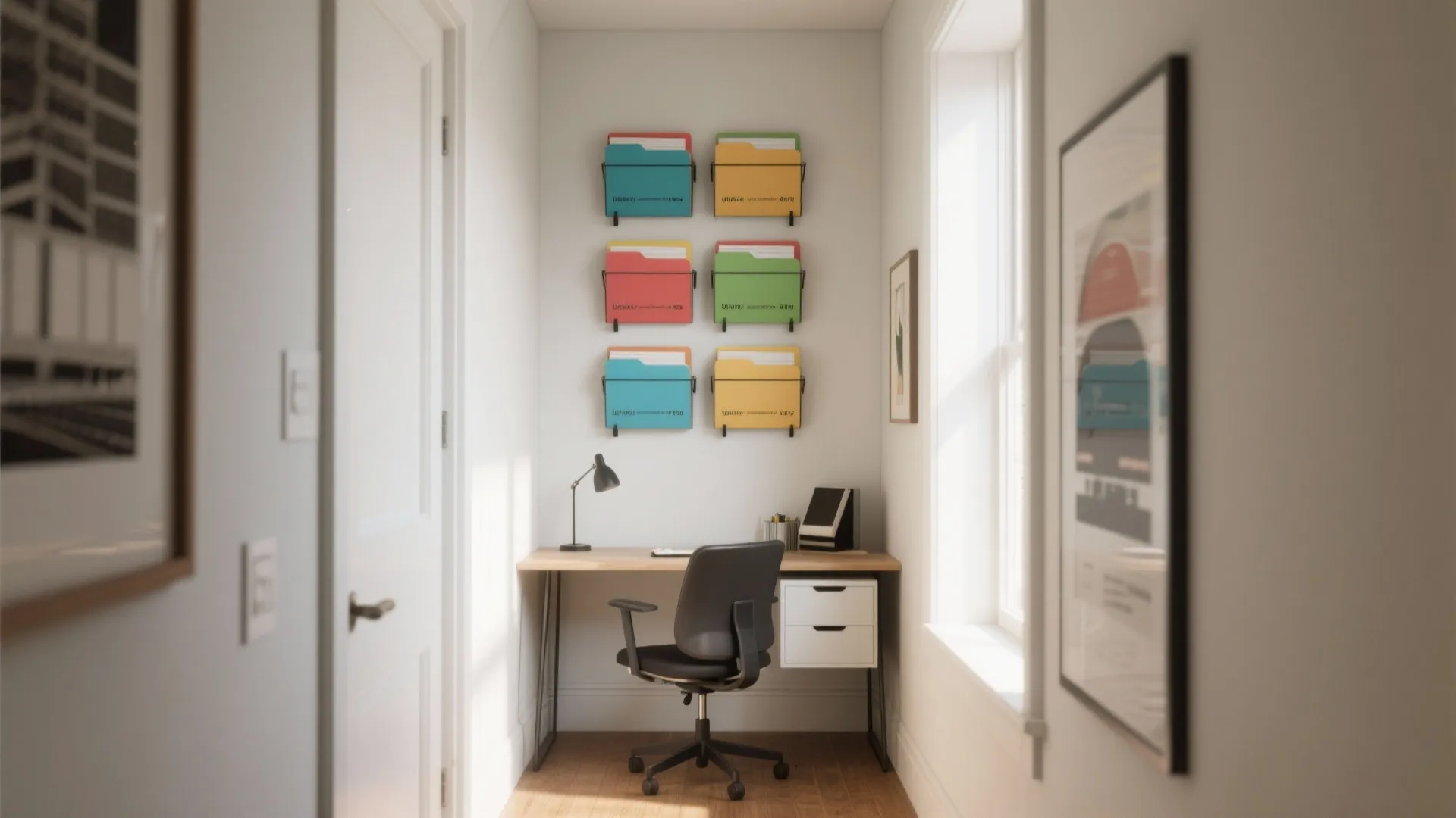 Small home office with wall mounted colorful file holders above a wooden desk and black chair