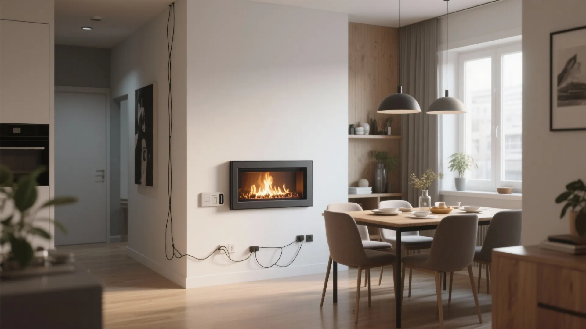 Modern dining area with wall mounted black fireplace wood table grey chairs and ceiling lights