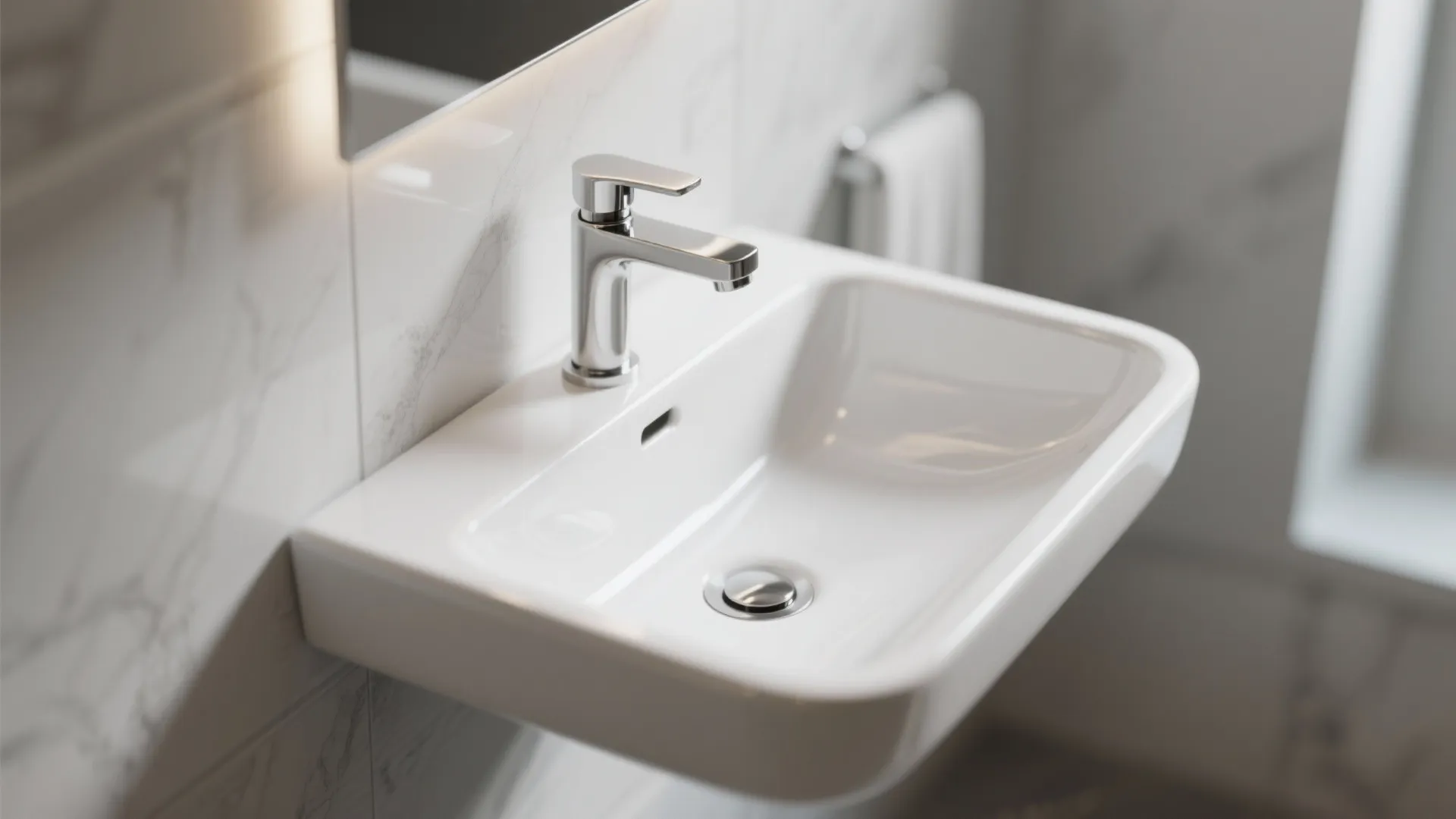 Close up of a white wall mounted sink with silver faucet on marble tile wall