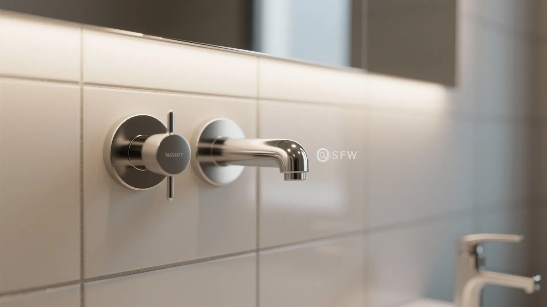 Close up of chrome wall mounted water tap on white tiled wall with mirror light
