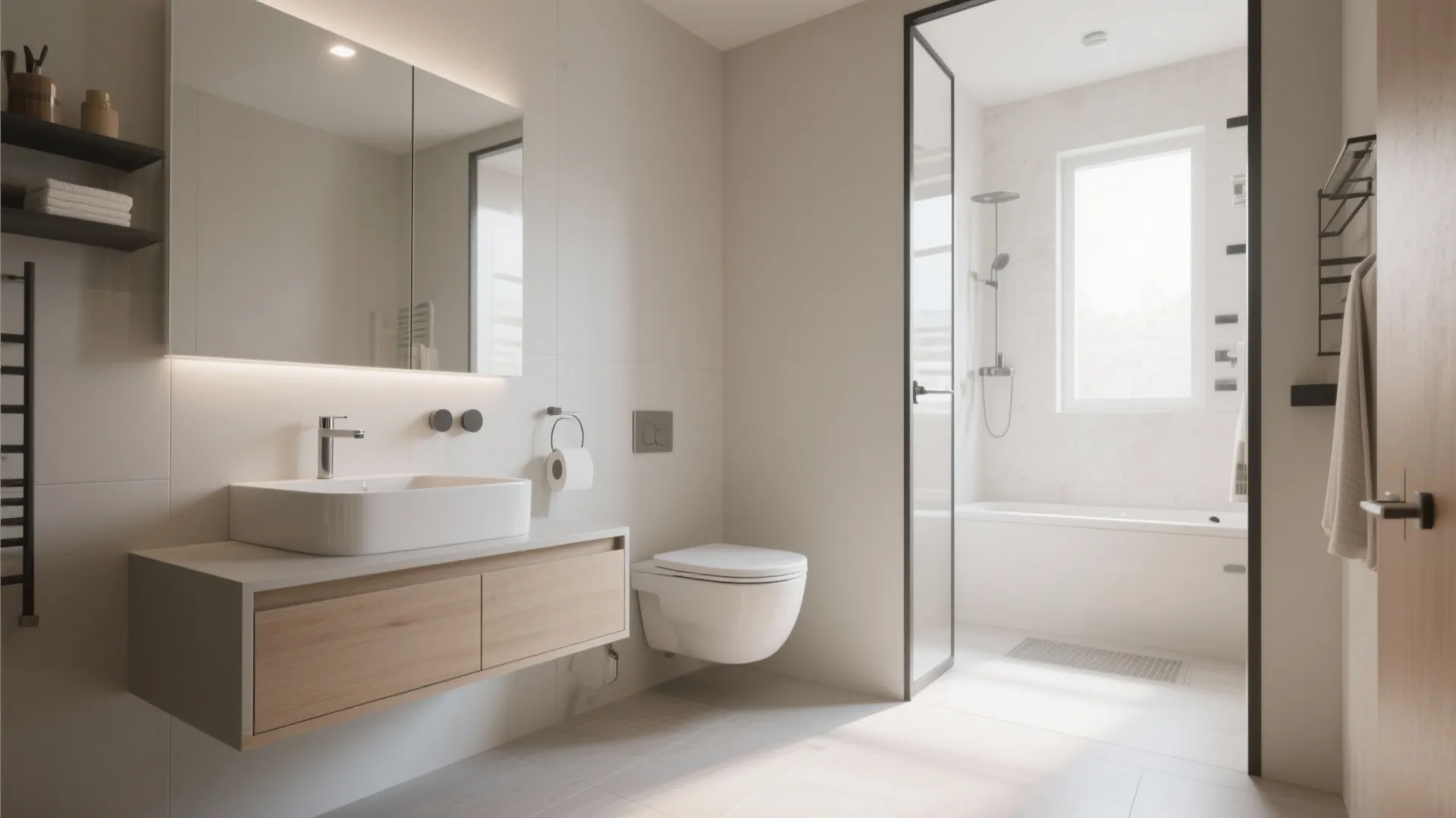 Modern bathroom featuring wall mounted toilet white sink wooden cabinet mirror bathtub and bright natural light