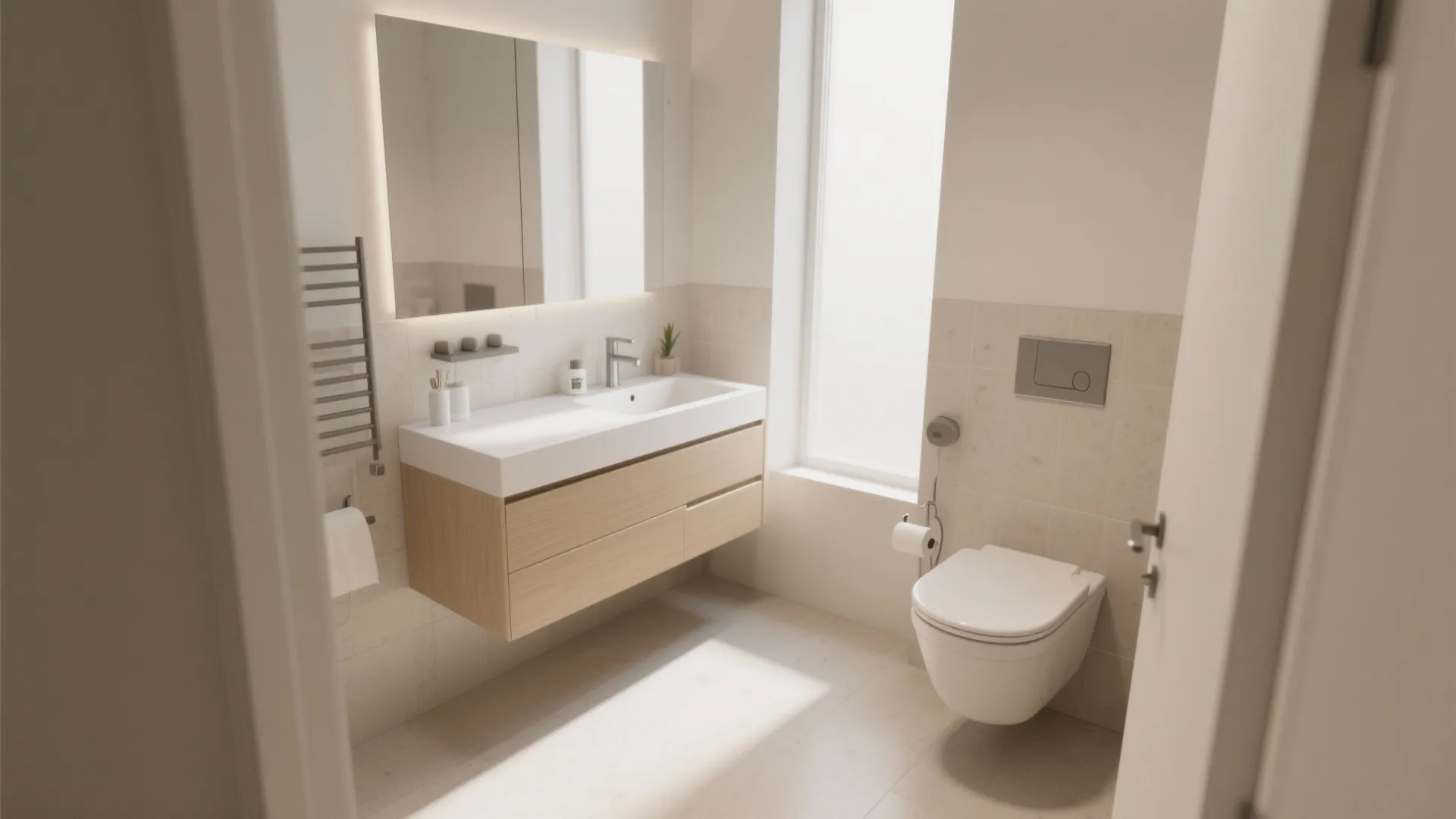 Minimalist bathroom featuring wooden cabinet, white sink, wall toilet, lighted mirror, and bright window view