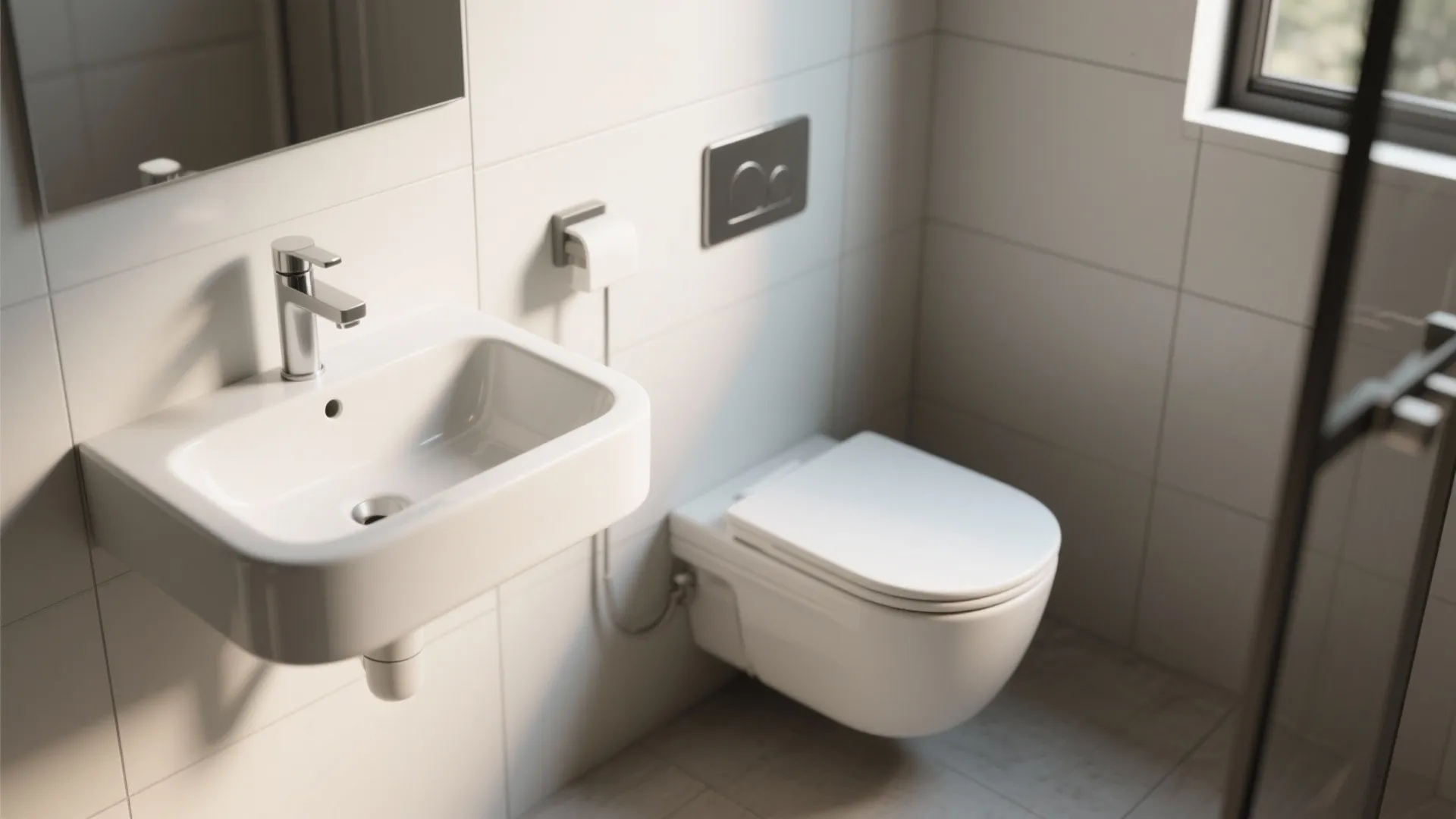 Modern white bathroom with wall mounted sink and toilet featuring clean lines and natural light