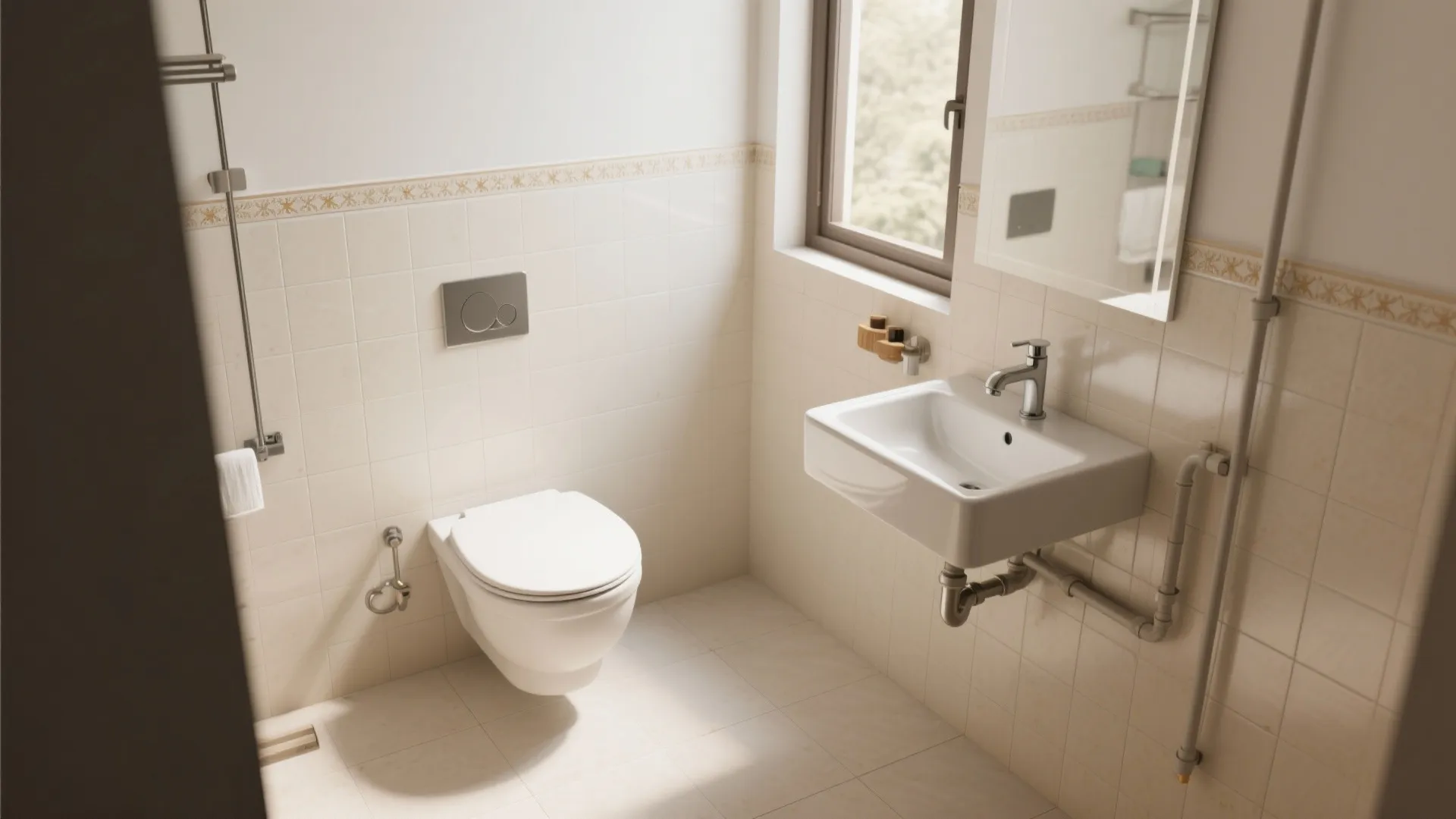 Small white bathroom with wall mounted toilet square sink mirror window and beige wall tiles