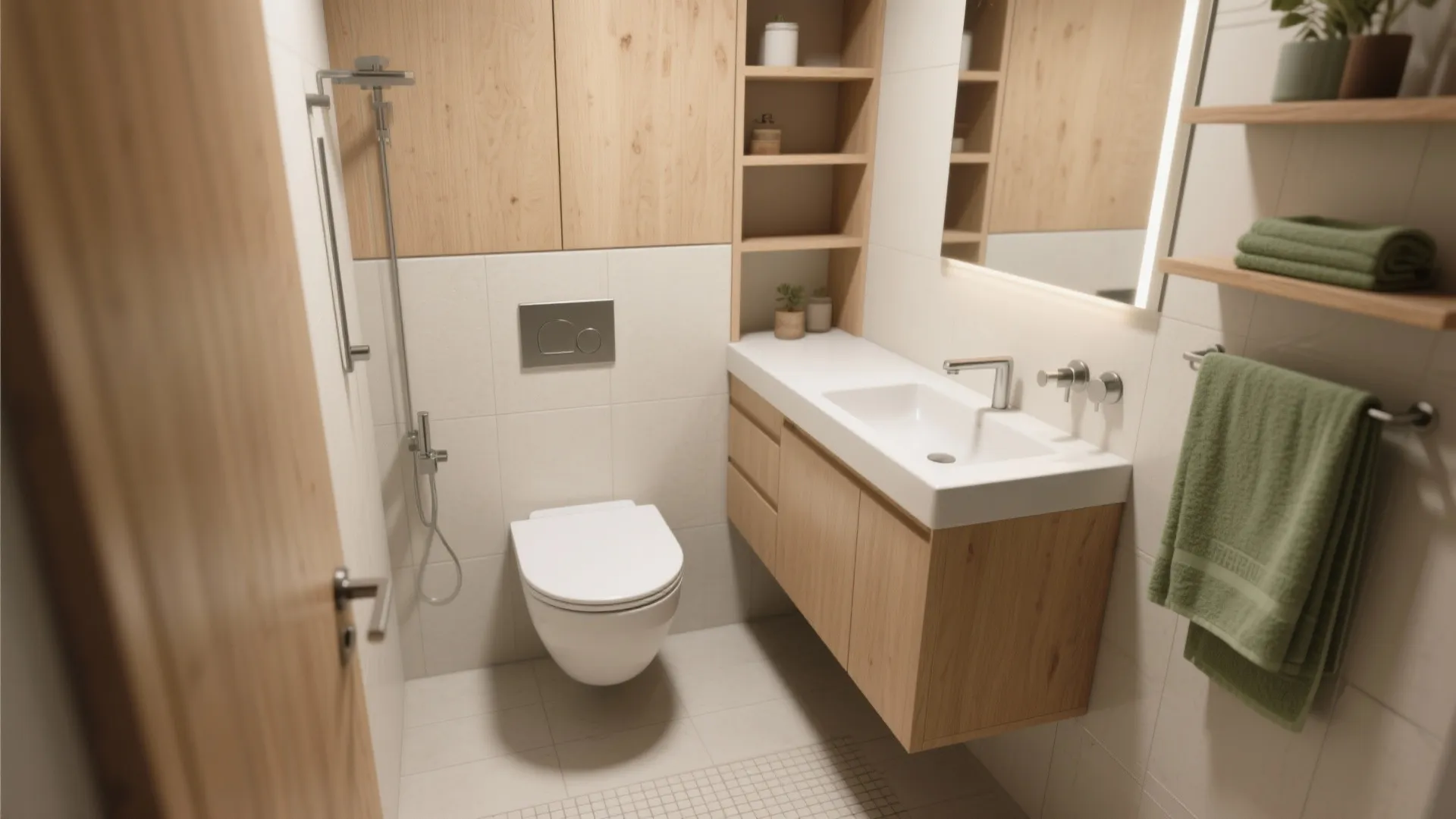 Small bathroom featuring white toilet wooden cabinets green towels sink and light wood wall panels
