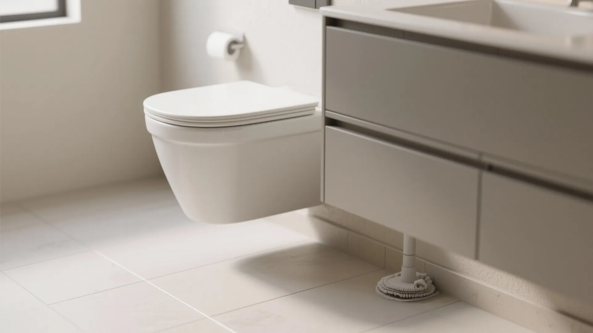 Modern bathroom with white wall toilet, grey sink cabinet, toilet paper holder, and tiled floor
