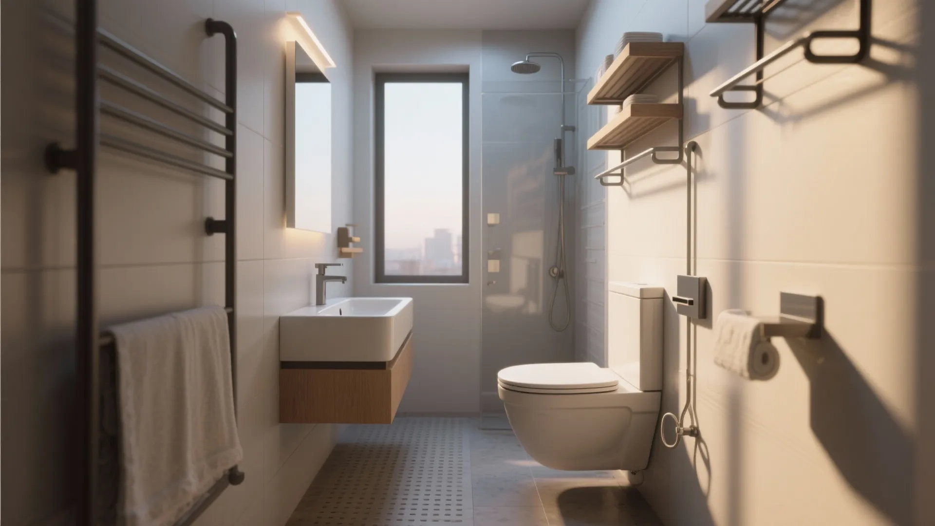 Modern bathroom with wall mounted toilet floating wood sink towel rack and glass shower door view