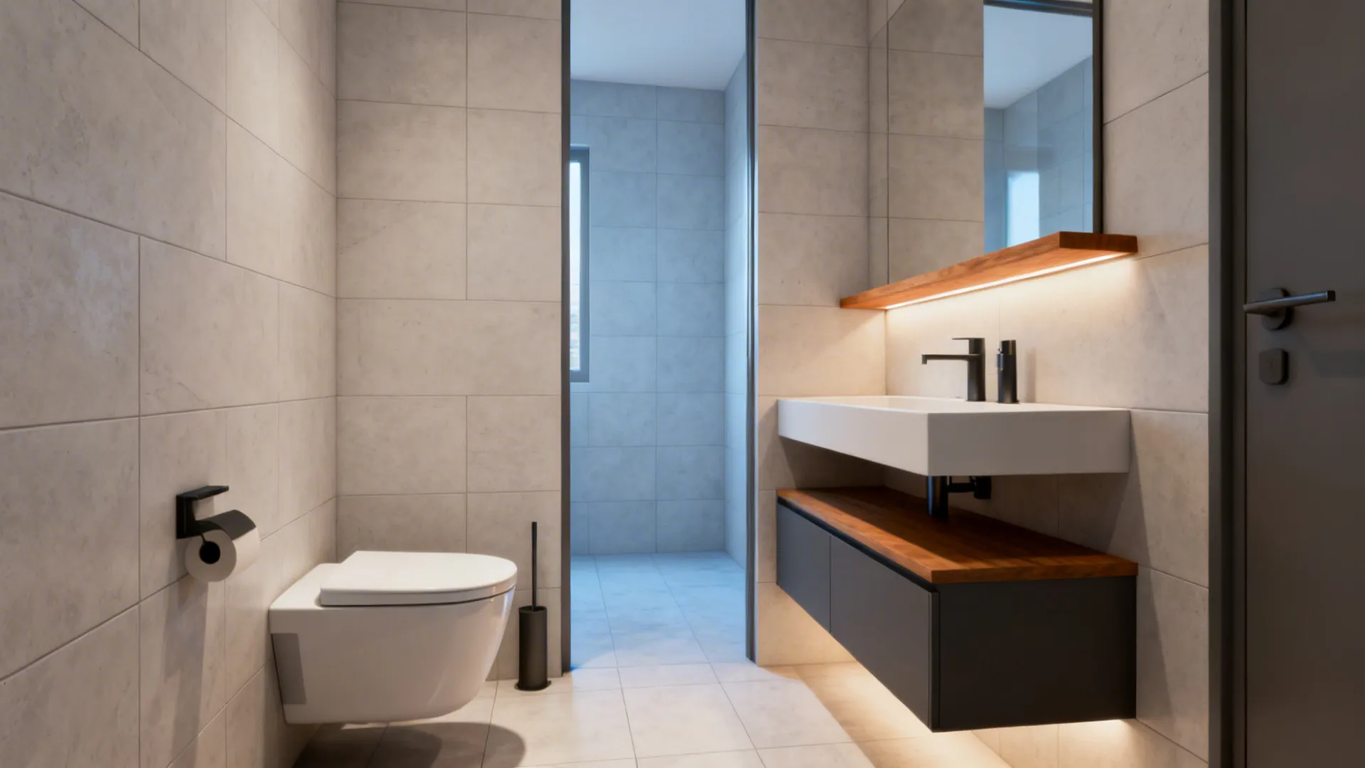 Tiny bathroom with wall-hung toilet, floating vanity and under-cabinet lighting for open floor space.