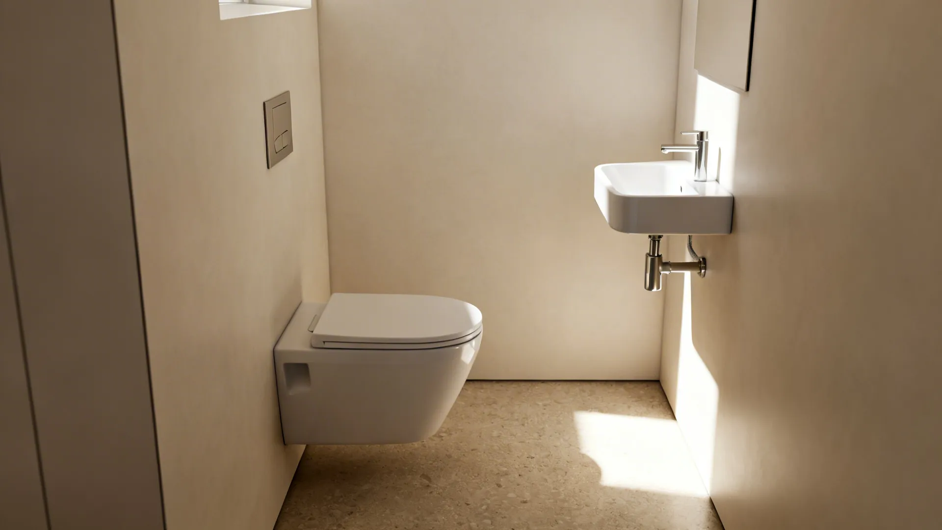 Compact bathroom with wall-mounted toilet and corner wall-hung sink to maximize space.