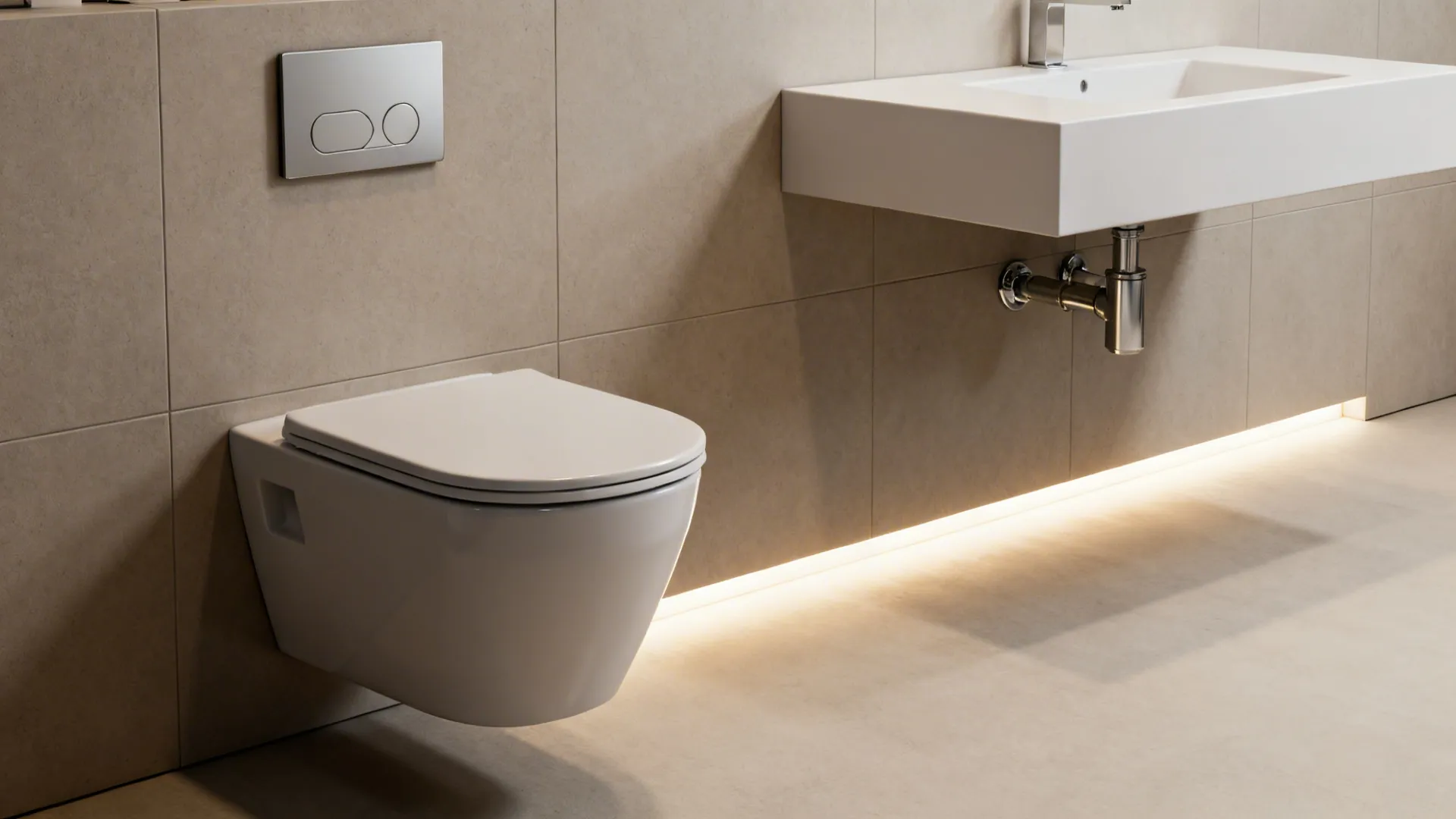 Wall-hung toilet and floating sink creating open floor space in a small bathroom.