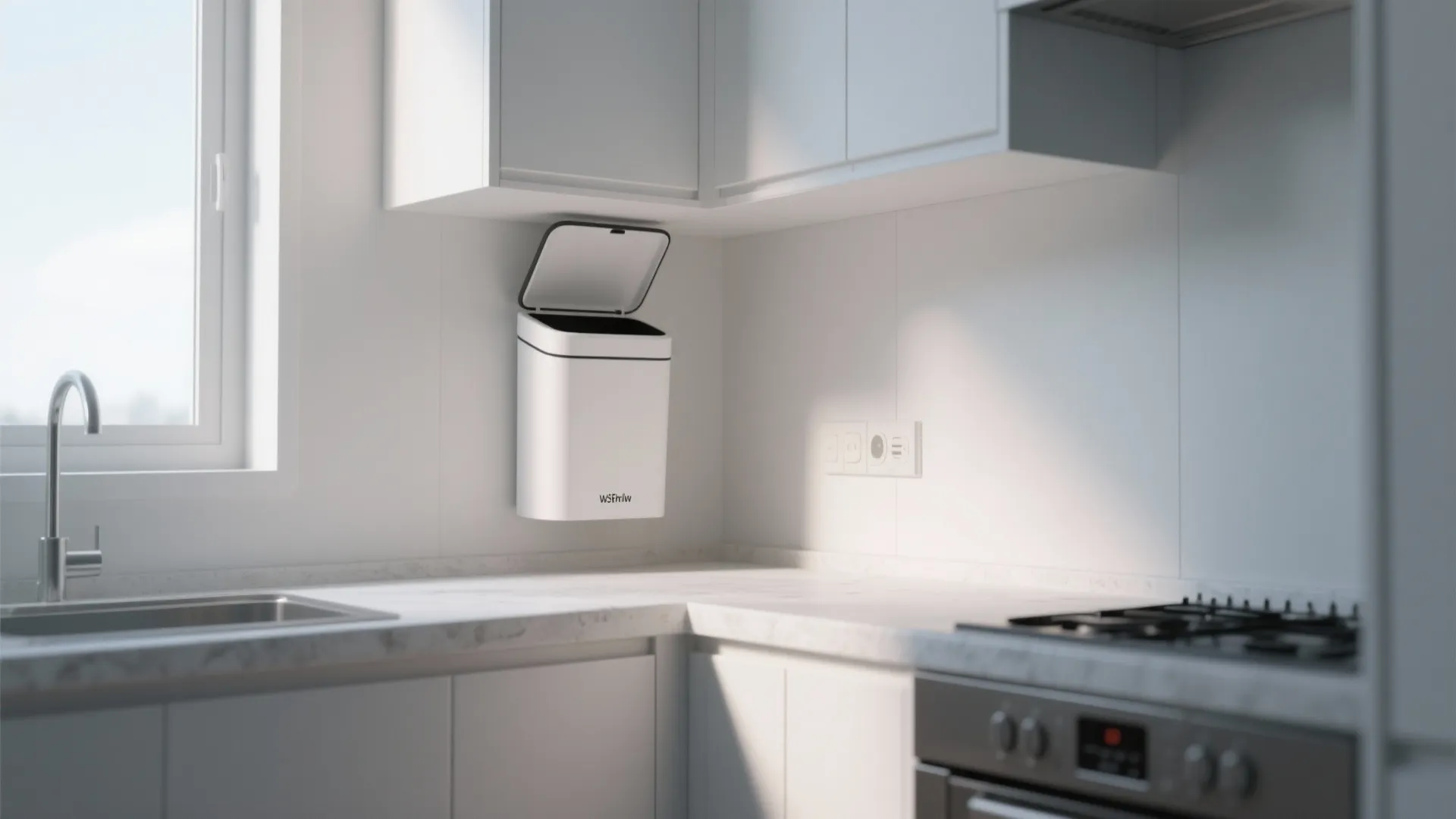 Wall-mounted flip bin at counter height in modern kitchen