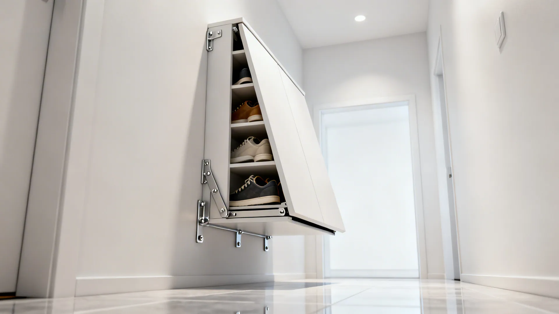 Slim wall-mounted flip-down shoe unit open in a small vestibule showing efficient vertical storage.