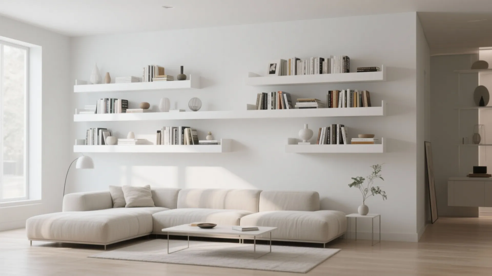 White wall-mounted floating bookcases in a modern living room