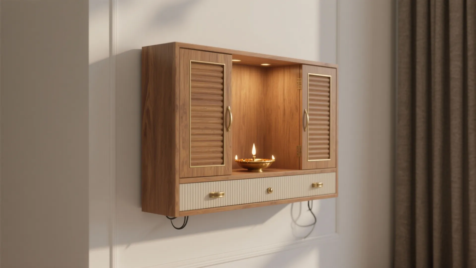 Floating wall-mounted wooden mandir with fluted doors and warm backlighting.