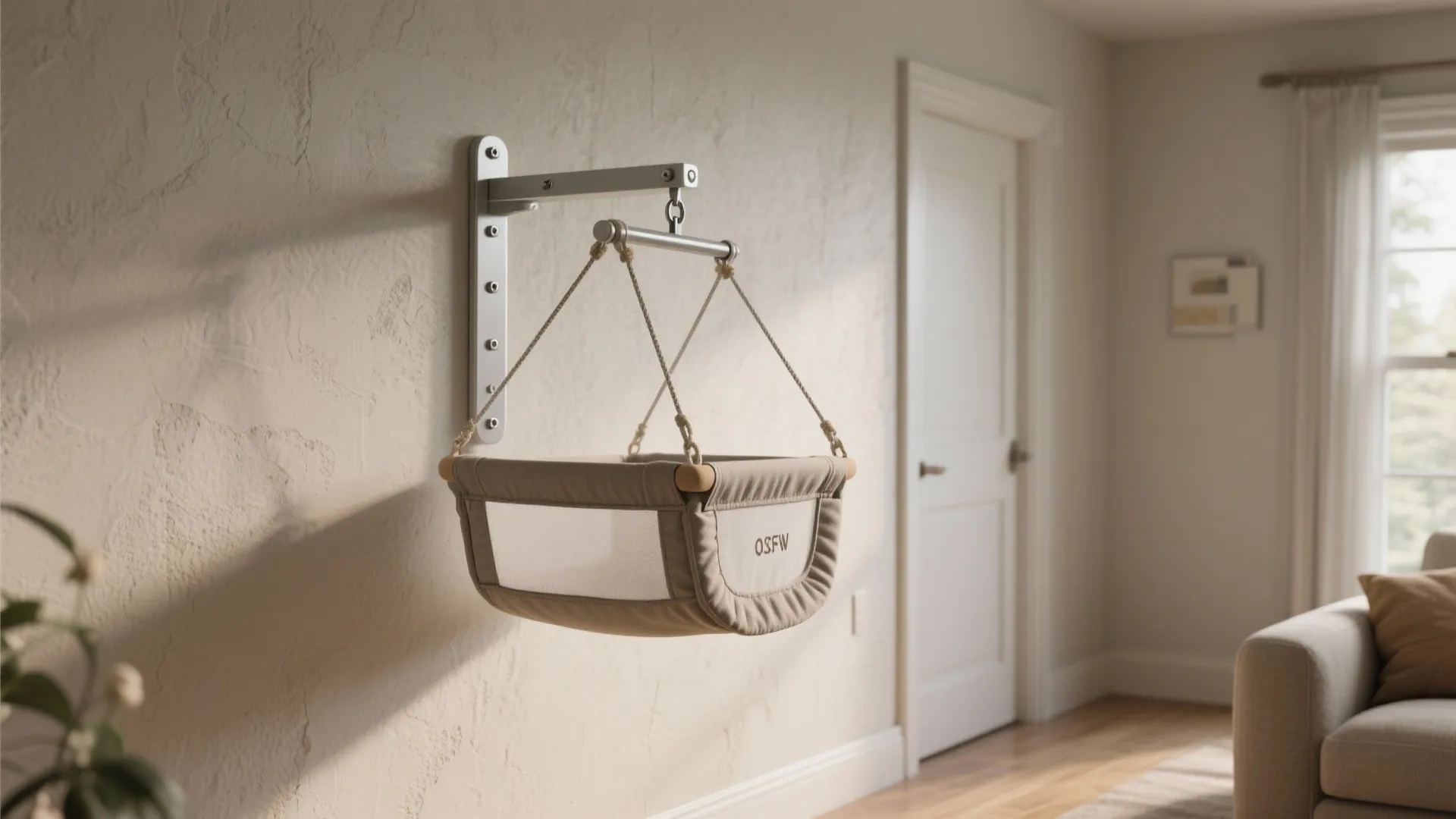 Wall mounted beige baby bassinet hanging from a metal bracket on a plain white wall