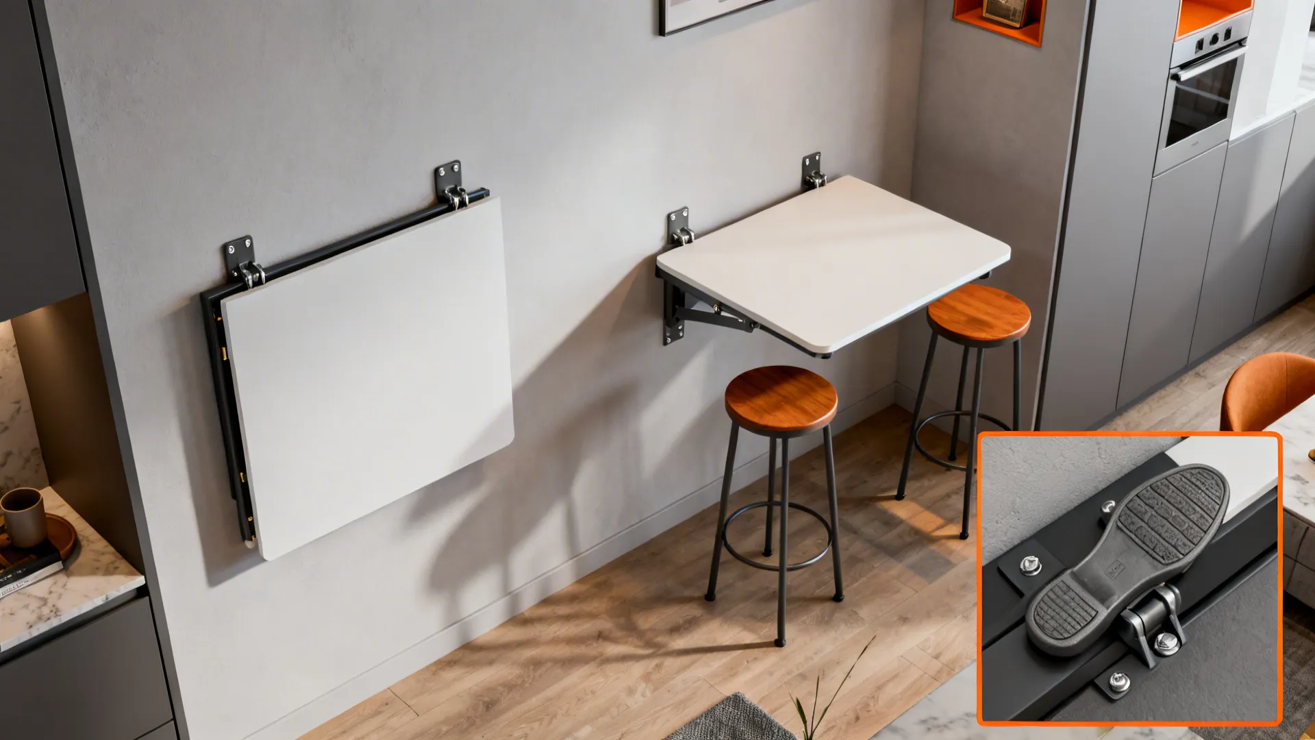 Wall-mounted folding table folded flat and dropped down to show space-saving function in a micro-apartment.